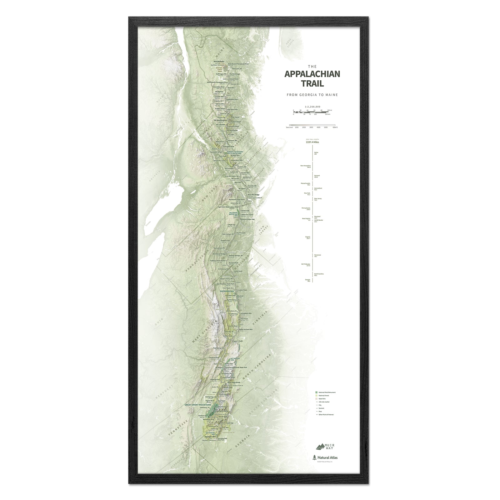 Appalachian Trail Shaded Relief Map - Muir Way - Natural Atlas
