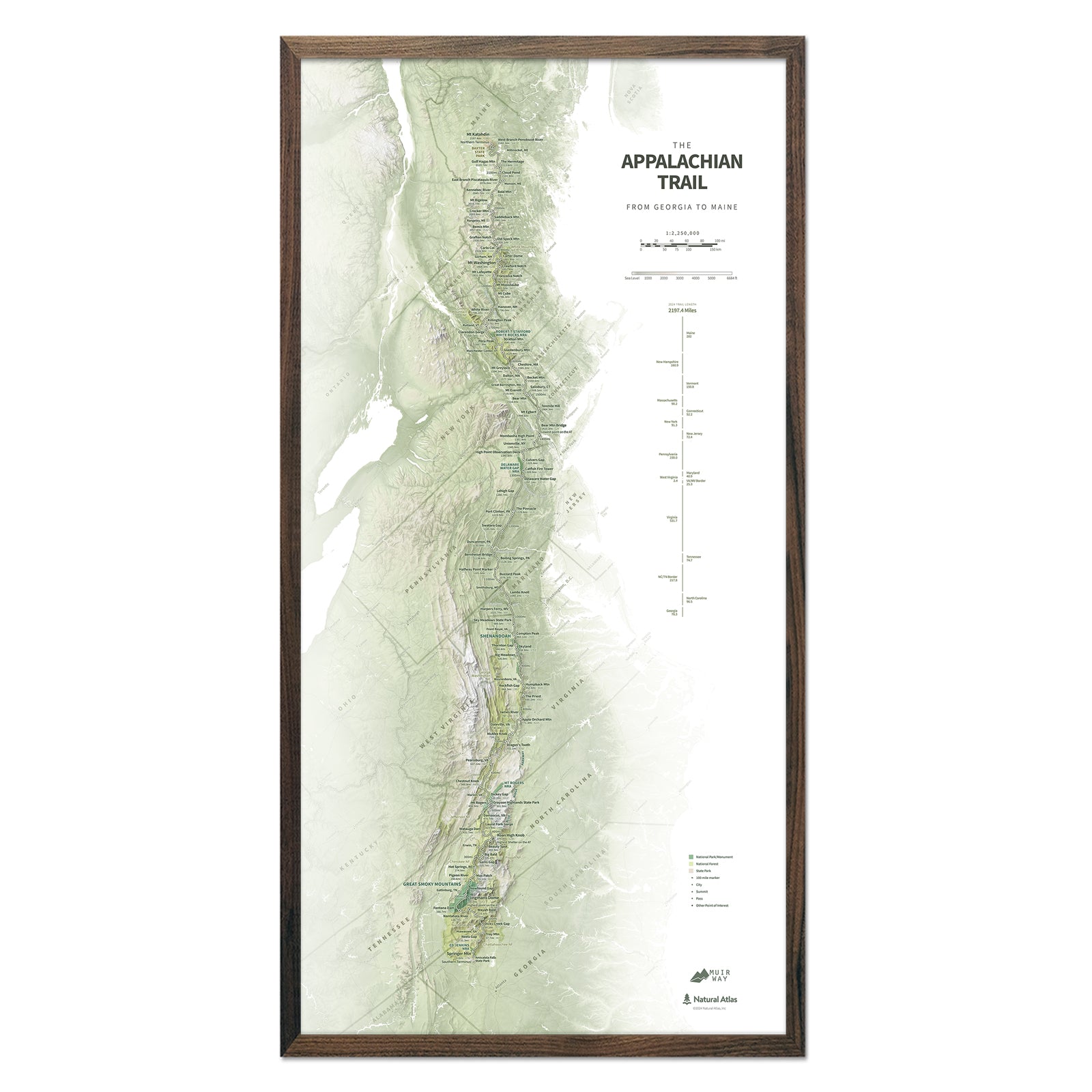 Appalachian Trail Shaded Relief Map - Muir Way - Natural Atlas