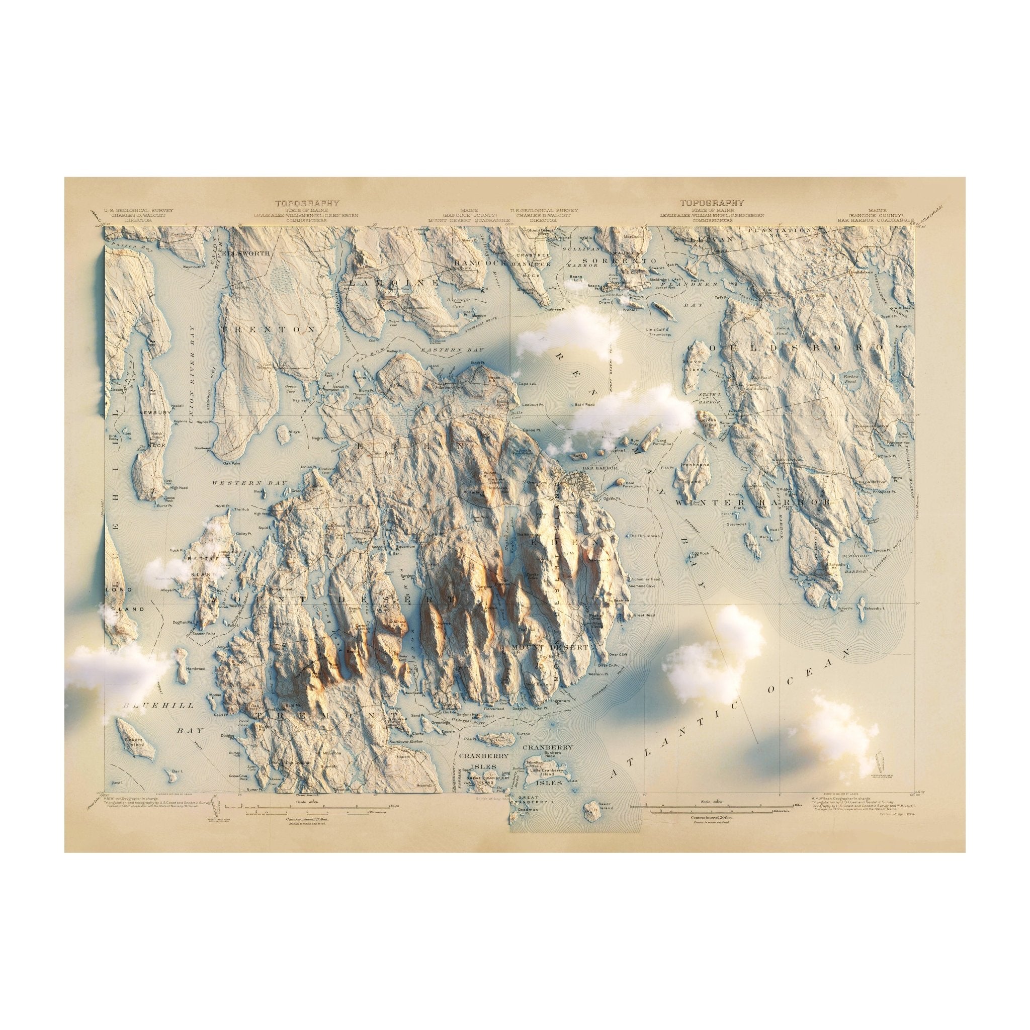 Acadia, Bar Harbor 1904 Shaded Relief Map - Muir Way - Vintage Relief