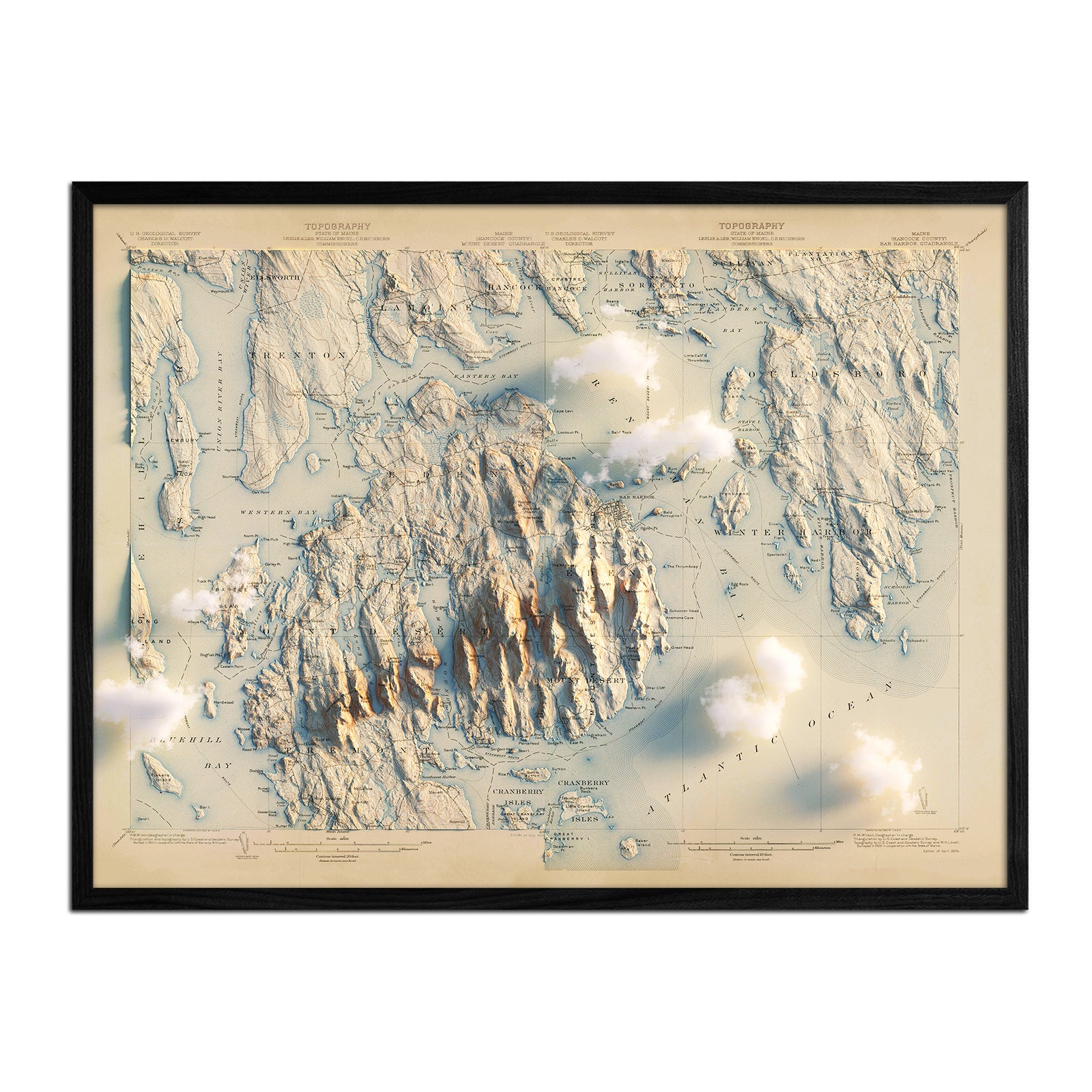 Acadia, Bar Harbor 1904 Shaded Relief Map - Muir Way - Vintage Relief