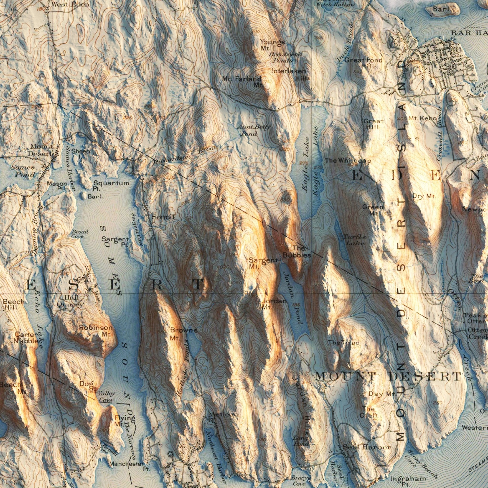 Acadia, Bar Harbor 1904 Shaded Relief Map - Muir Way - Vintage Relief
