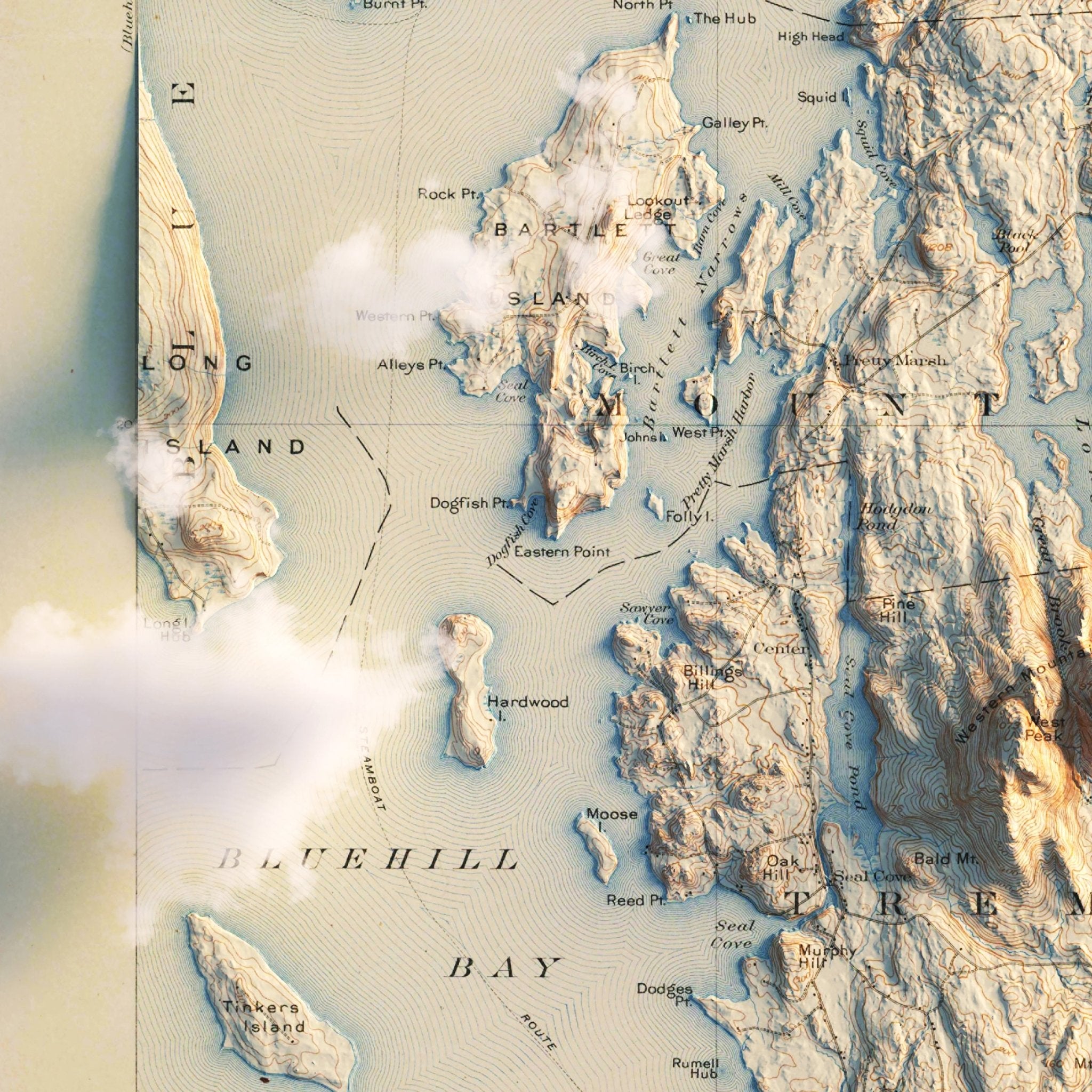 Acadia, Bar Harbor 1904 Shaded Relief Map - Muir Way - Vintage Relief