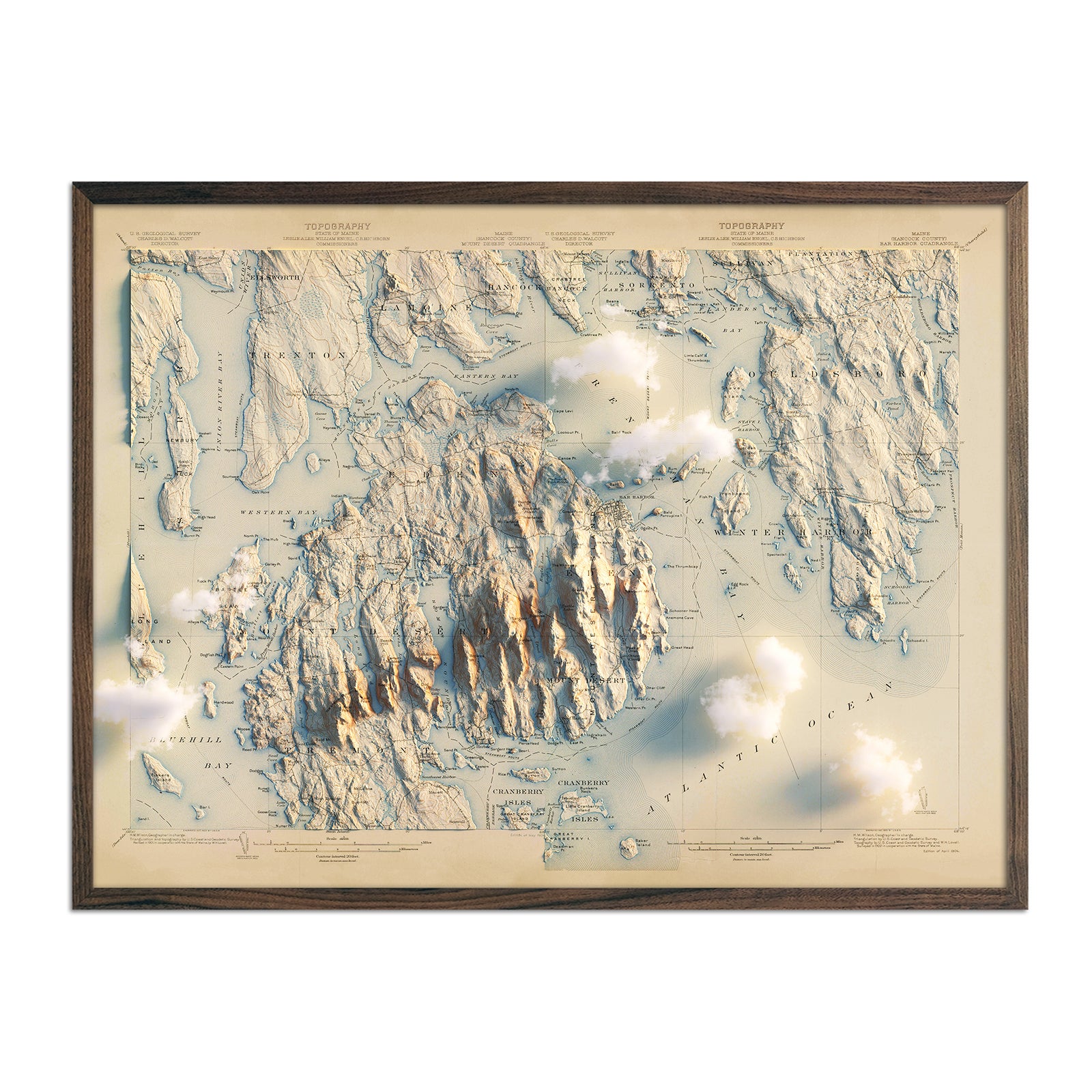 Acadia, Bar Harbor 1904 Shaded Relief Map - Muir Way - Vintage Relief