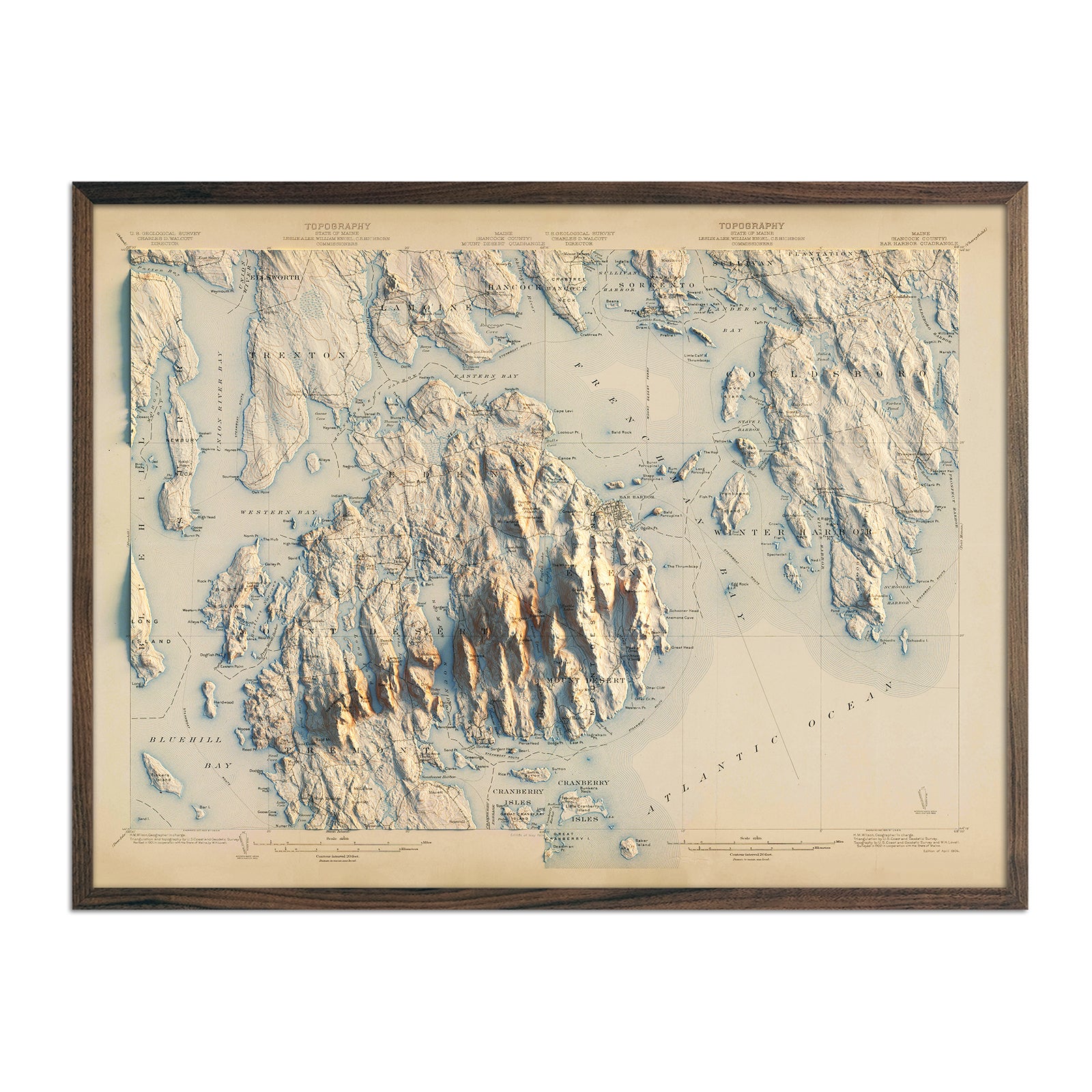 Acadia, Bar Harbor 1904 Shaded Relief Map - Muir Way - Vintage Relief