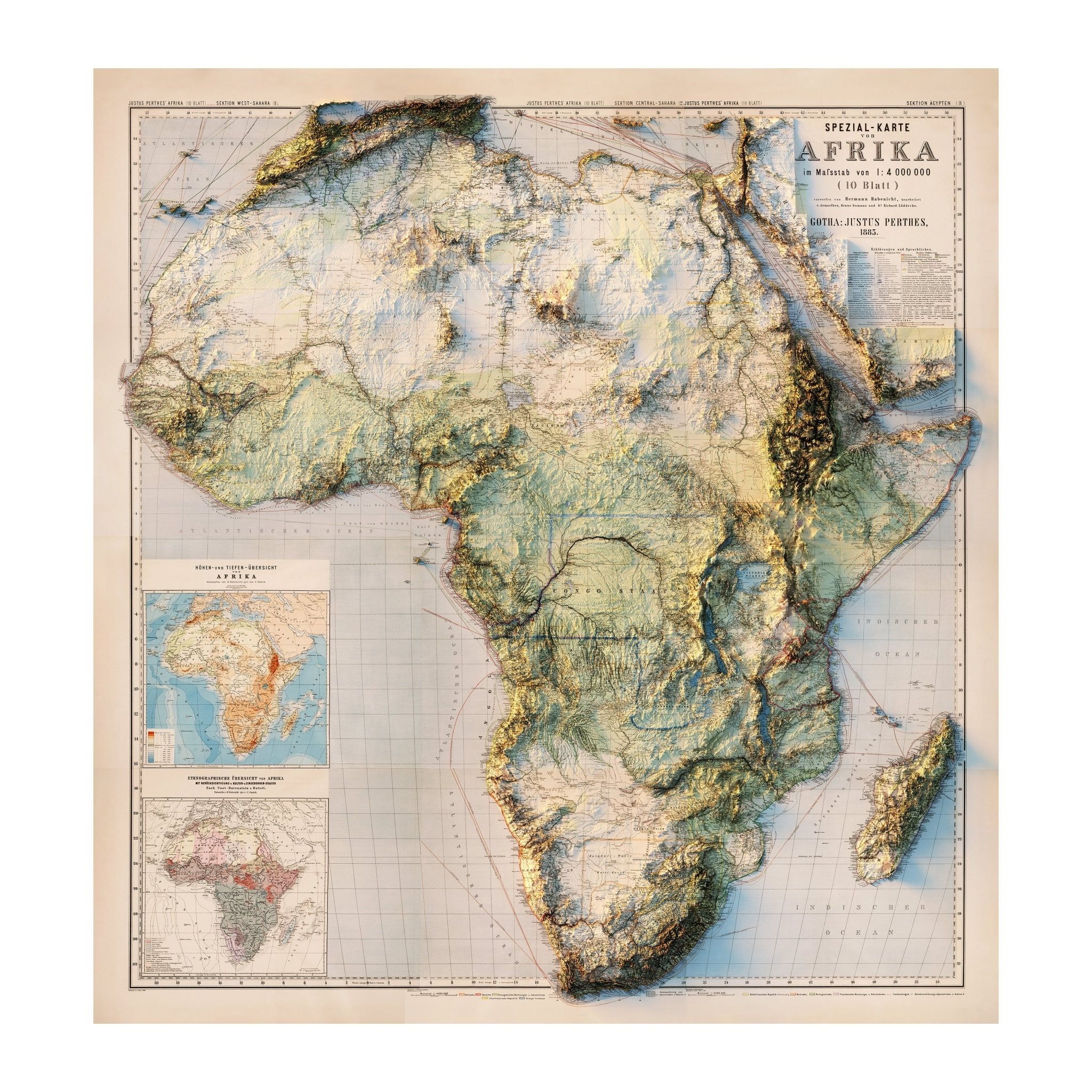 Africa 1885 Shaded Relief Map - Muir Way - Vintage Relief