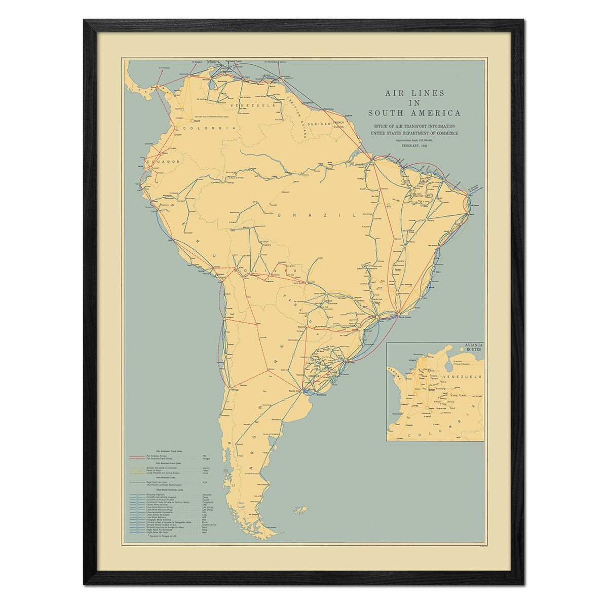 Air Lines in South America with Avianca Routes 1943 - Muir Way - Vintage Map