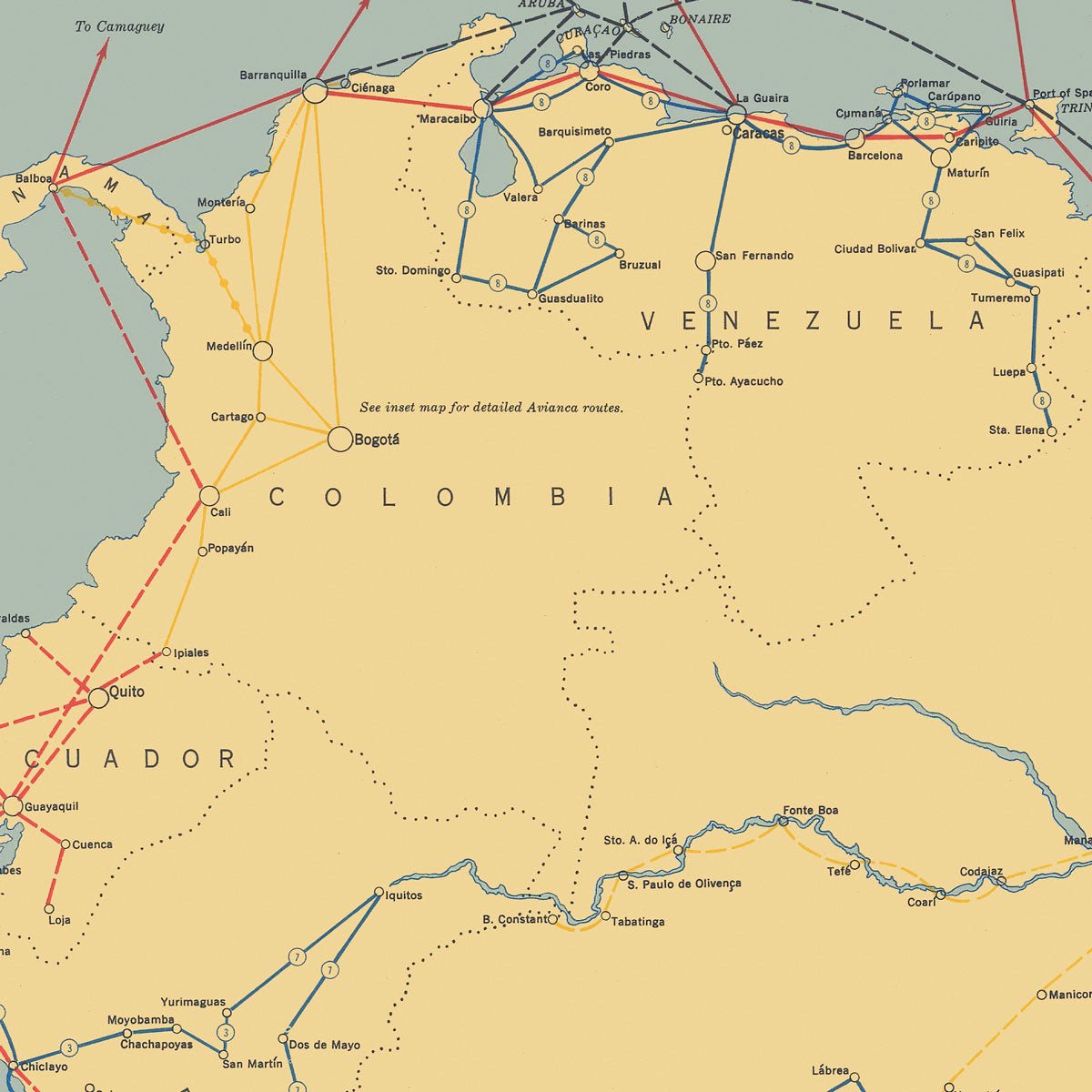 Air Lines in South America with Avianca Routes 1943 - Muir Way - Vintage Map