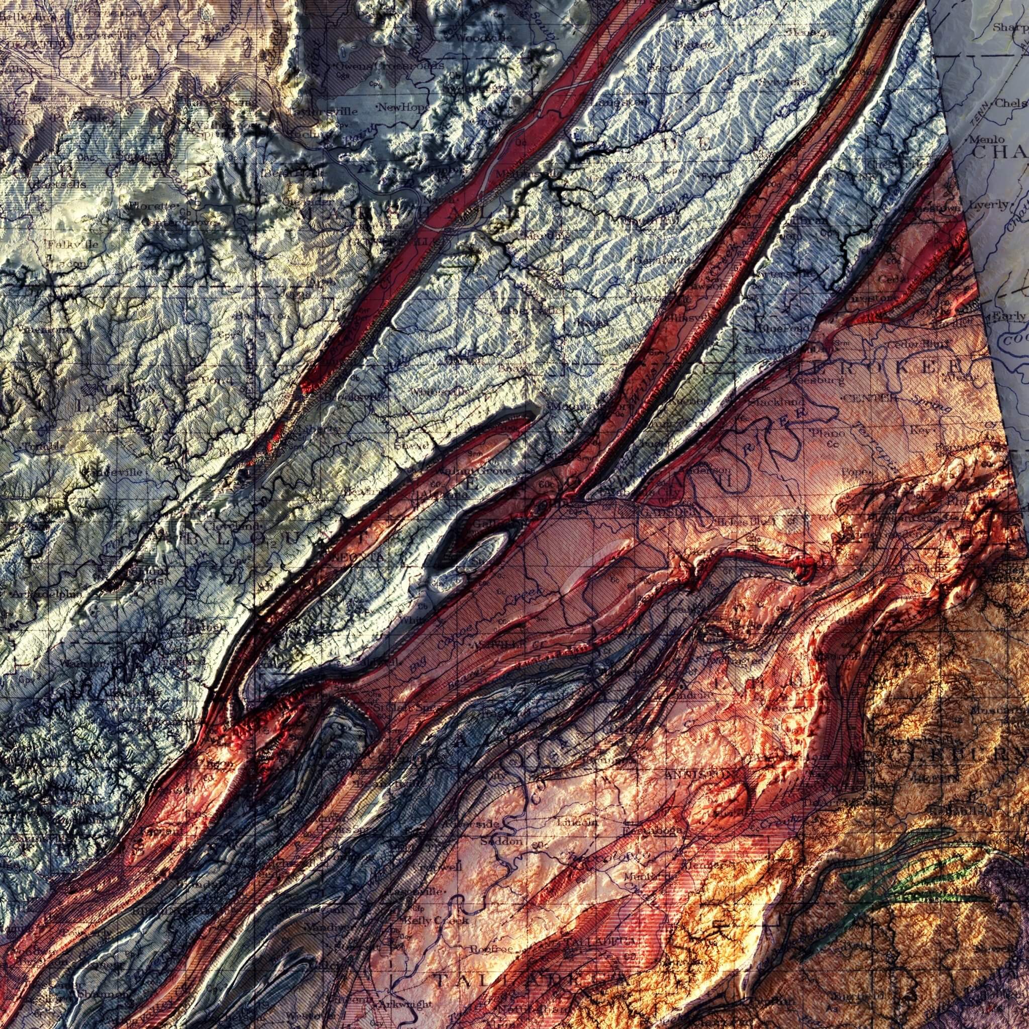 Alabama Geological 1926 Shaded Relief Map - Muir Way - Vintage Relief