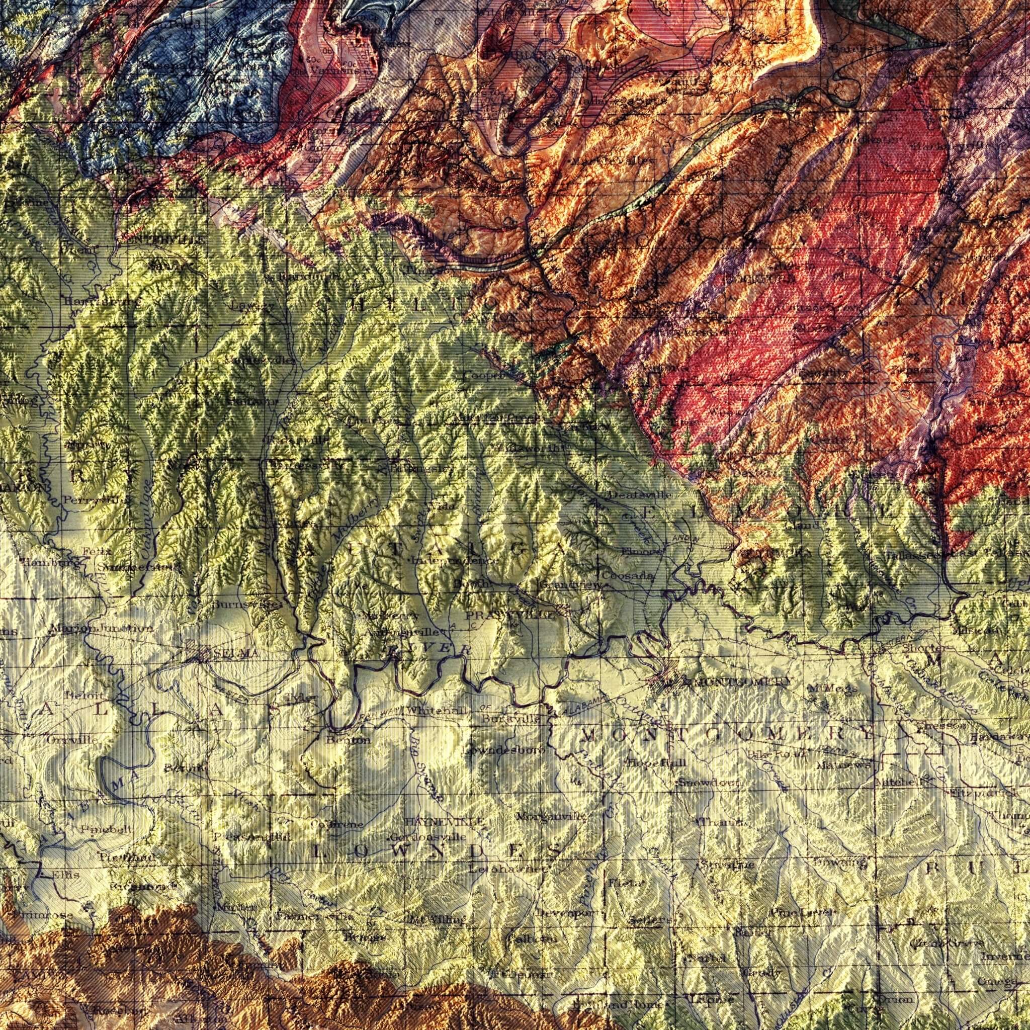 Alabama Geological 1926 Shaded Relief Map - Muir Way - Vintage Relief