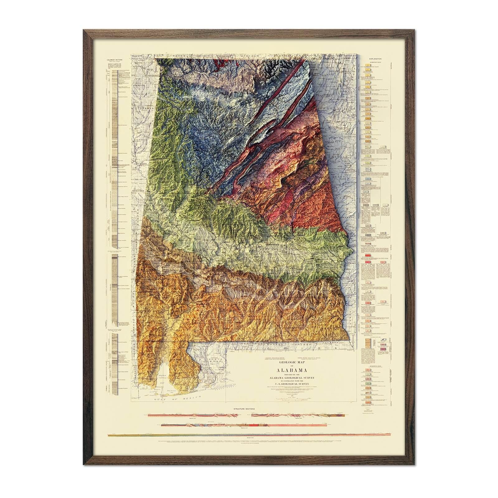 Alabama Geological 1926 Shaded Relief Map - Muir Way - Vintage Relief