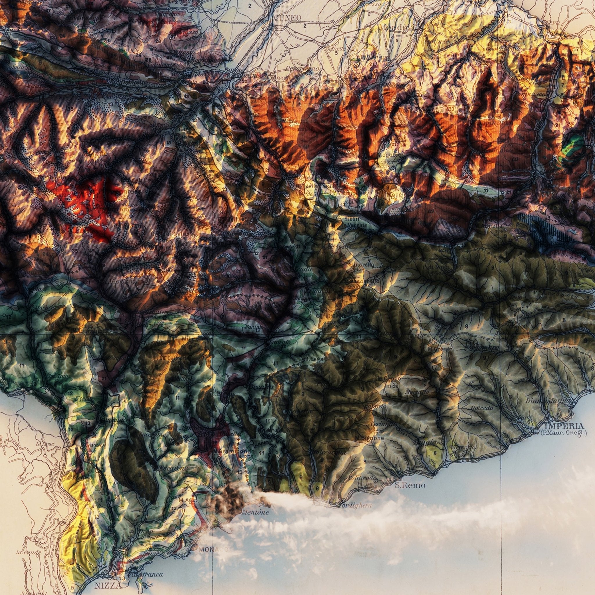 Alpi Occidentali 1908 Shaded Relief Map - Muir Way - Vintage Relief
