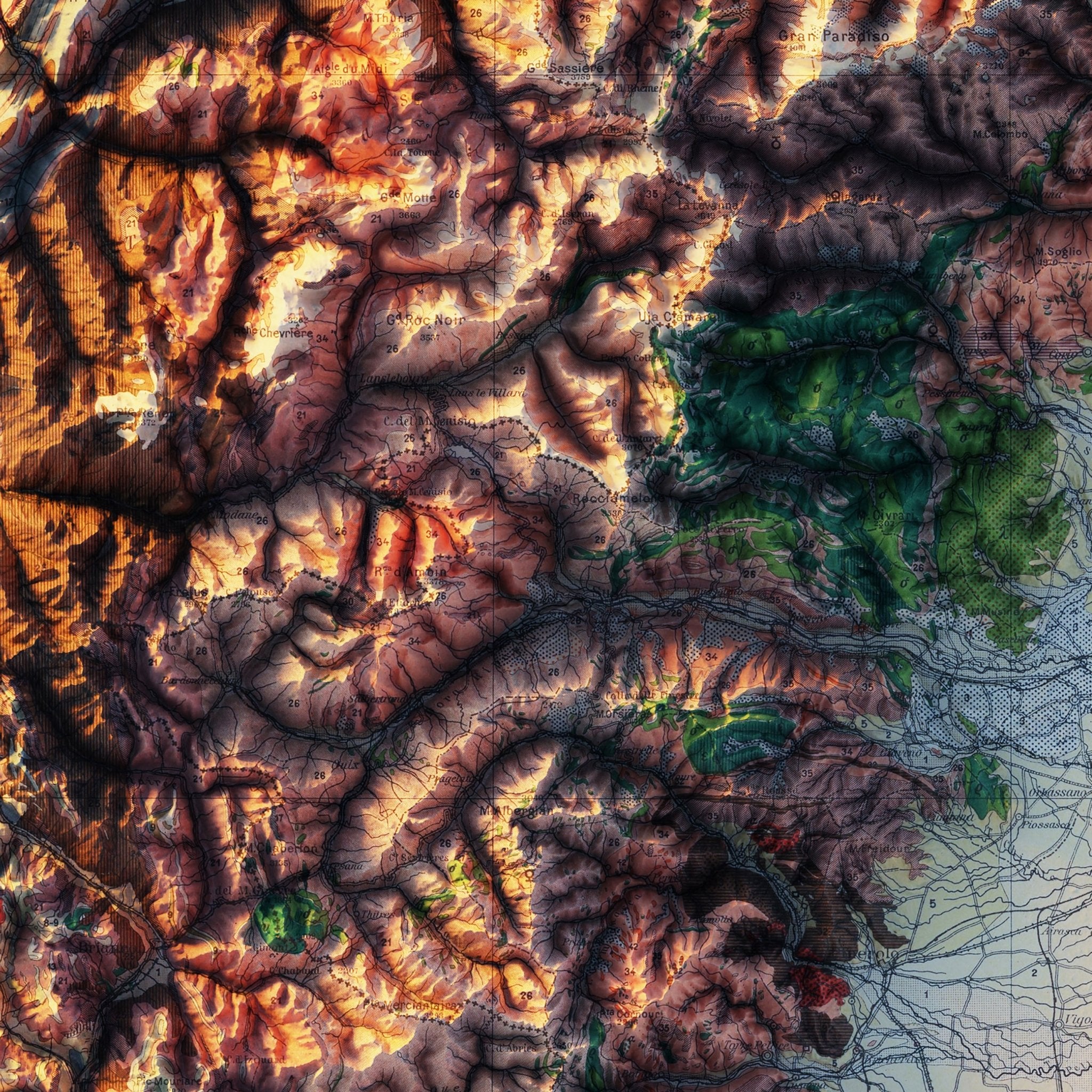 Alpi Occidentali 1908 Shaded Relief Map - Muir Way - Vintage Relief