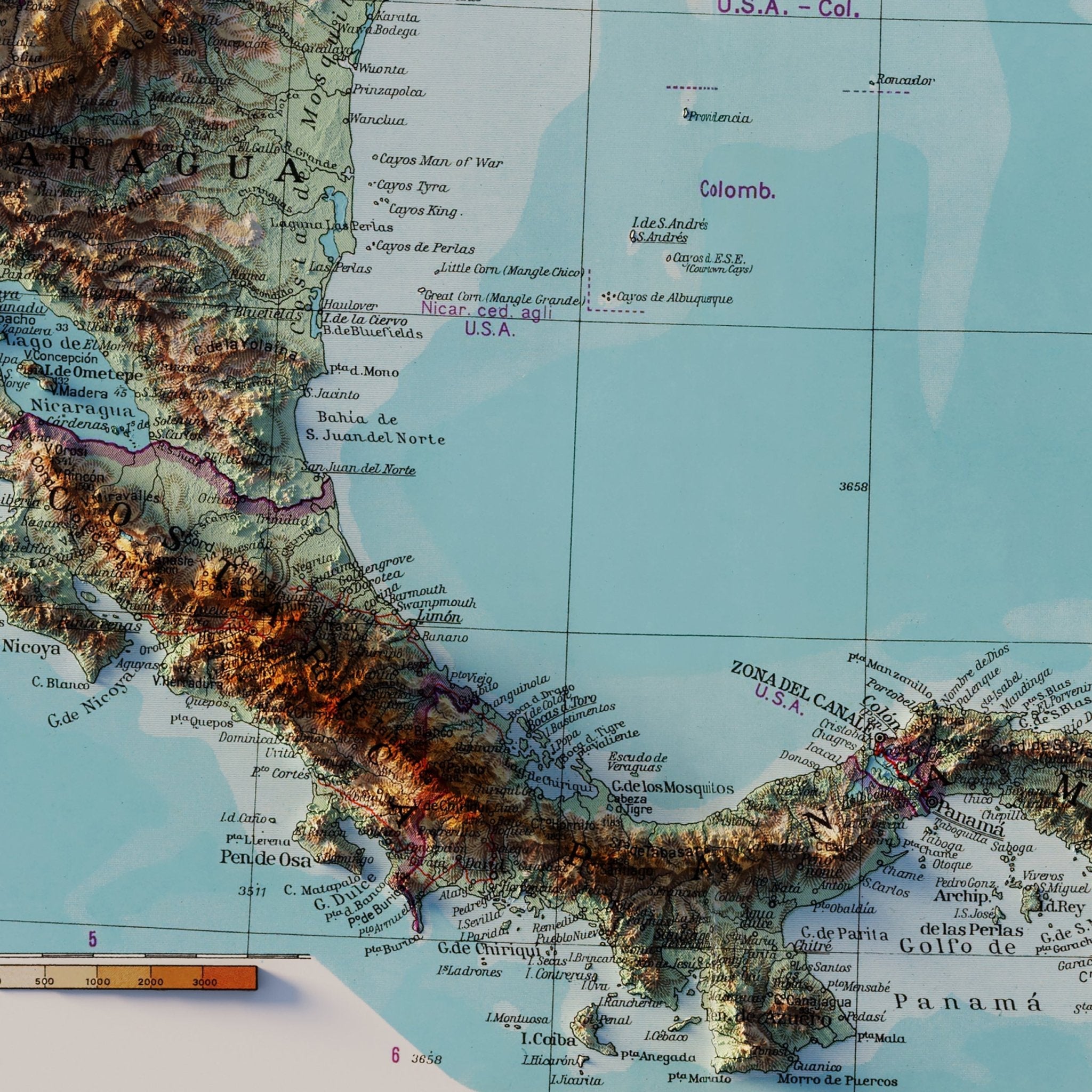 Central America 1952 Shaded Relief Map - Muir Way - Vintage Relief