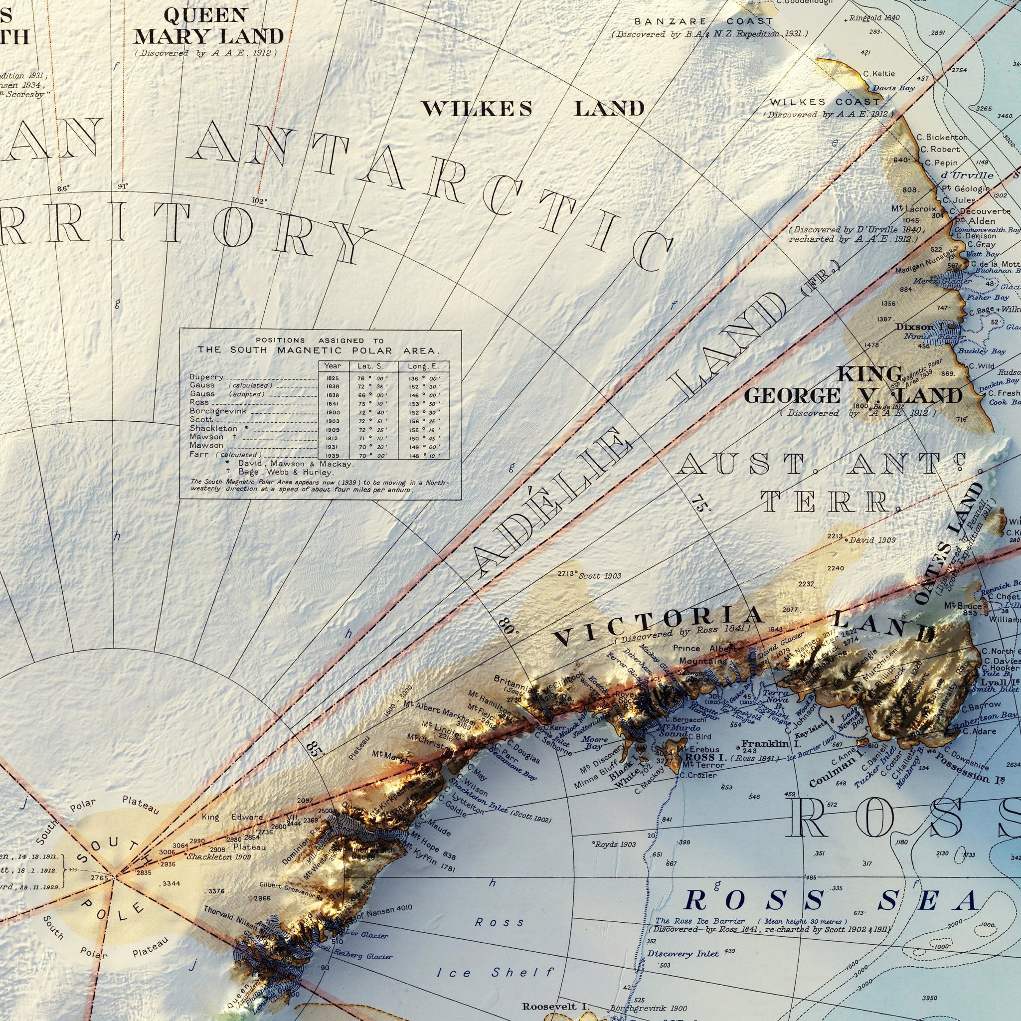 Antarctica 1939 Shaded Relief Map - Muir Way - Vintage Relief
