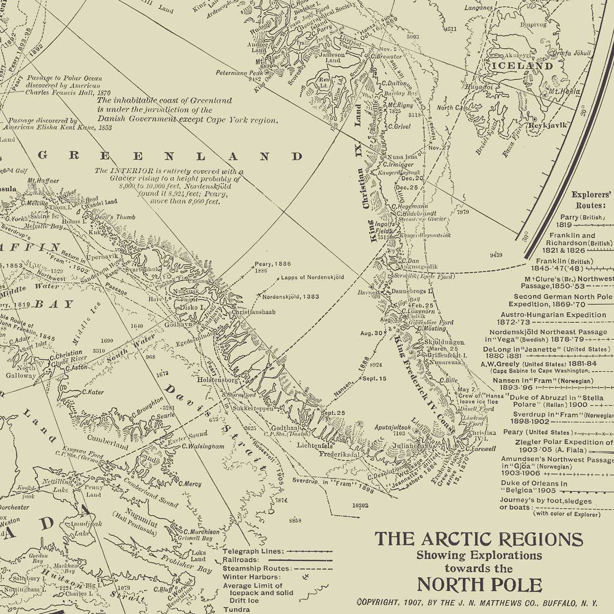Arctic Regions Showing Explorations Towards the North Pole 1907 - Muir Way - Vintage Map