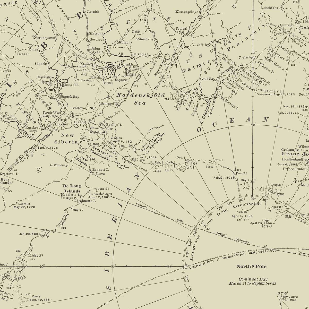 Arctic Regions Showing Explorations Towards the North Pole 1907 - Muir Way - Vintage Map