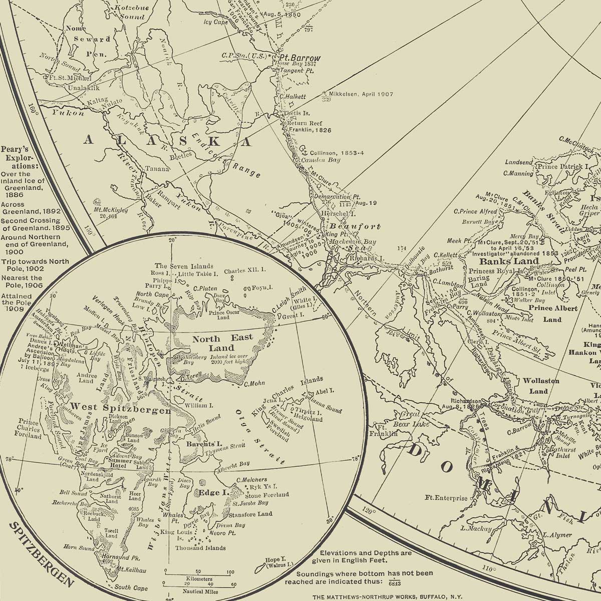 Arctic Regions Showing Explorations Towards the North Pole 1907 - Muir Way - Vintage Map