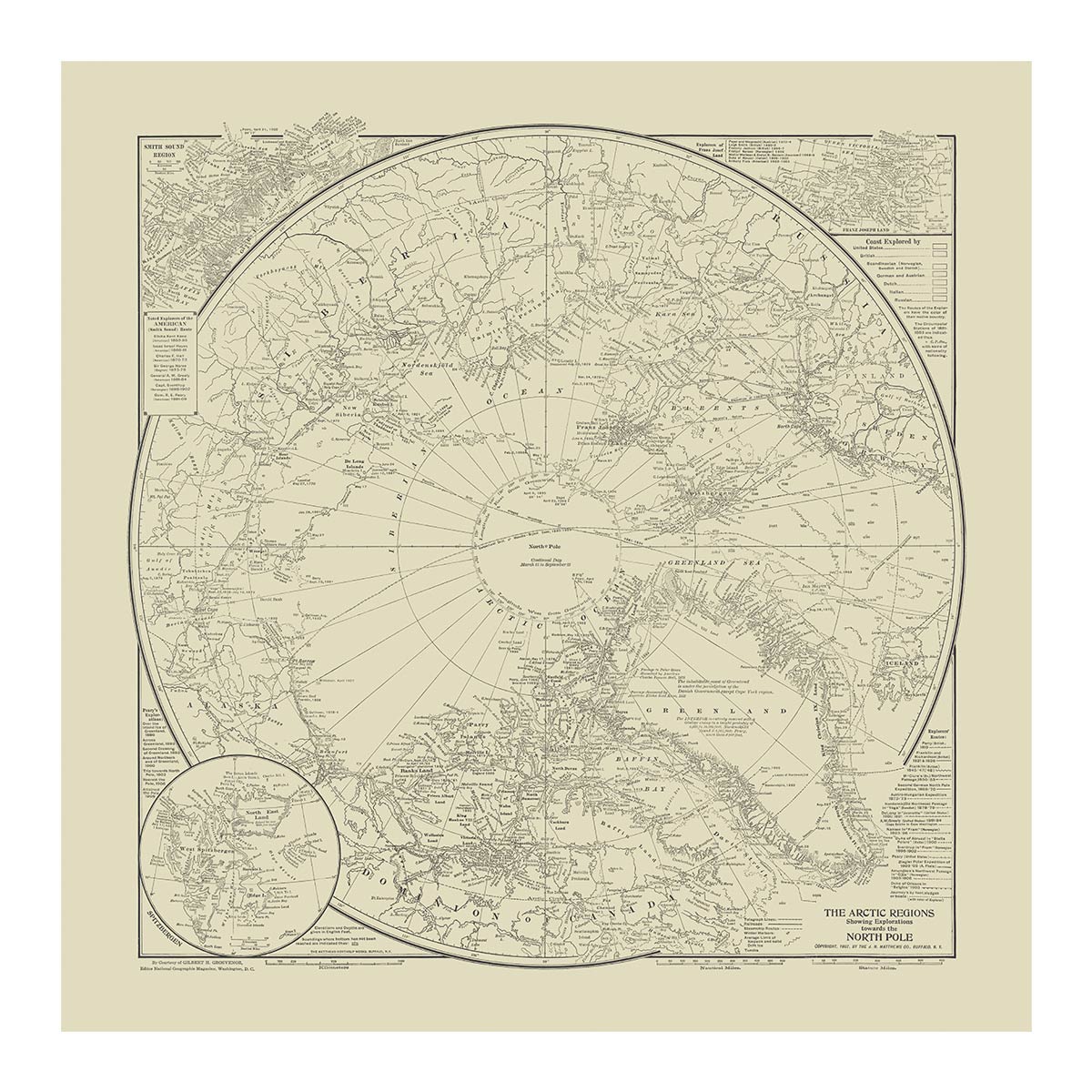 Arctic Regions Showing Explorations Towards the North Pole 1907 - Muir Way - Vintage Map
