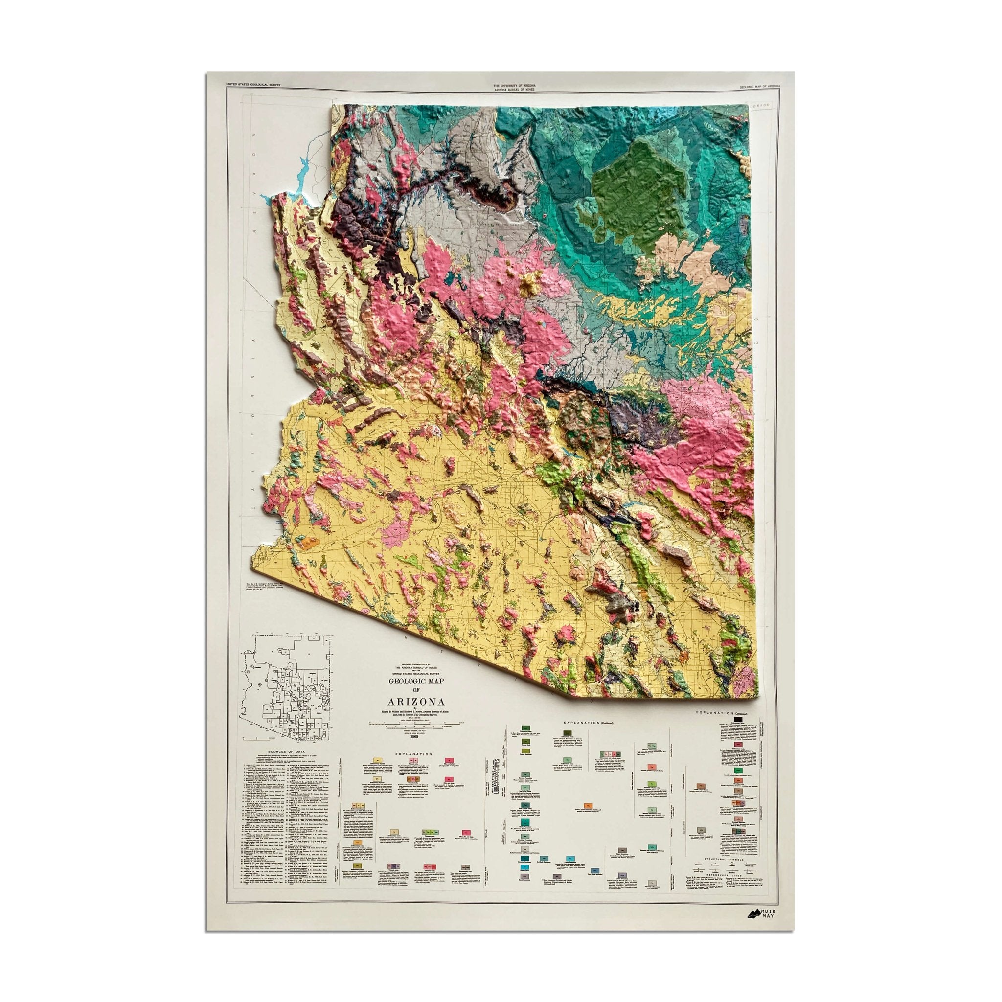 Arizona 1969 3D Raised Relief Map - Muir Way - 3D