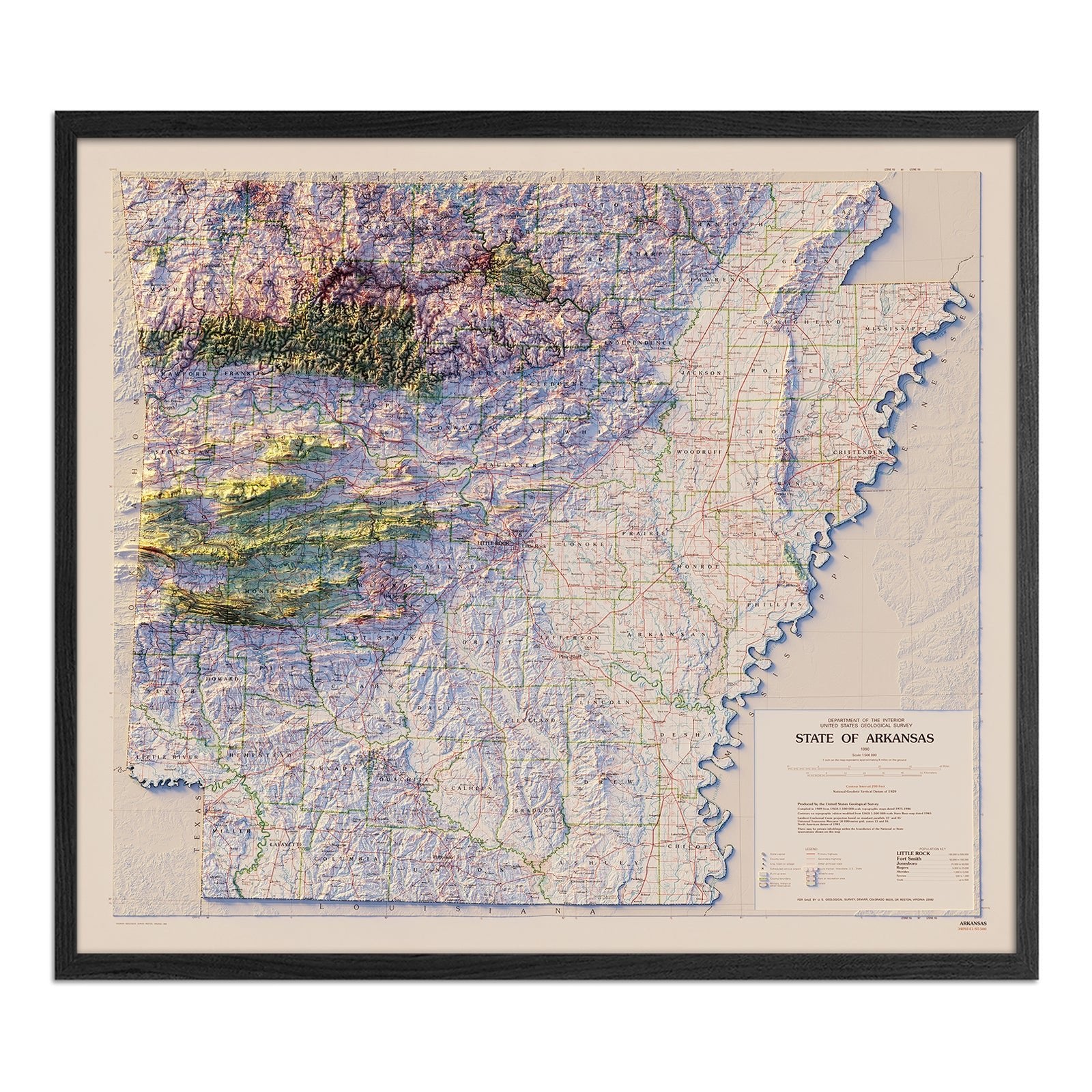 Arkansas 1990 Shaded Relief Map - Muir Way - Vintage Relief