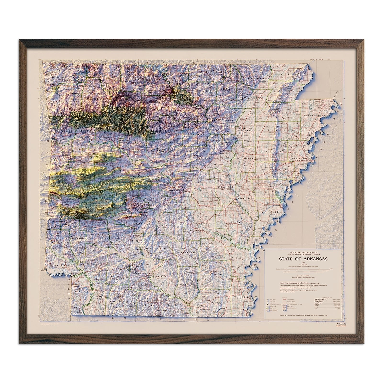 Arkansas 1990 Shaded Relief Map - Muir Way - Vintage Relief