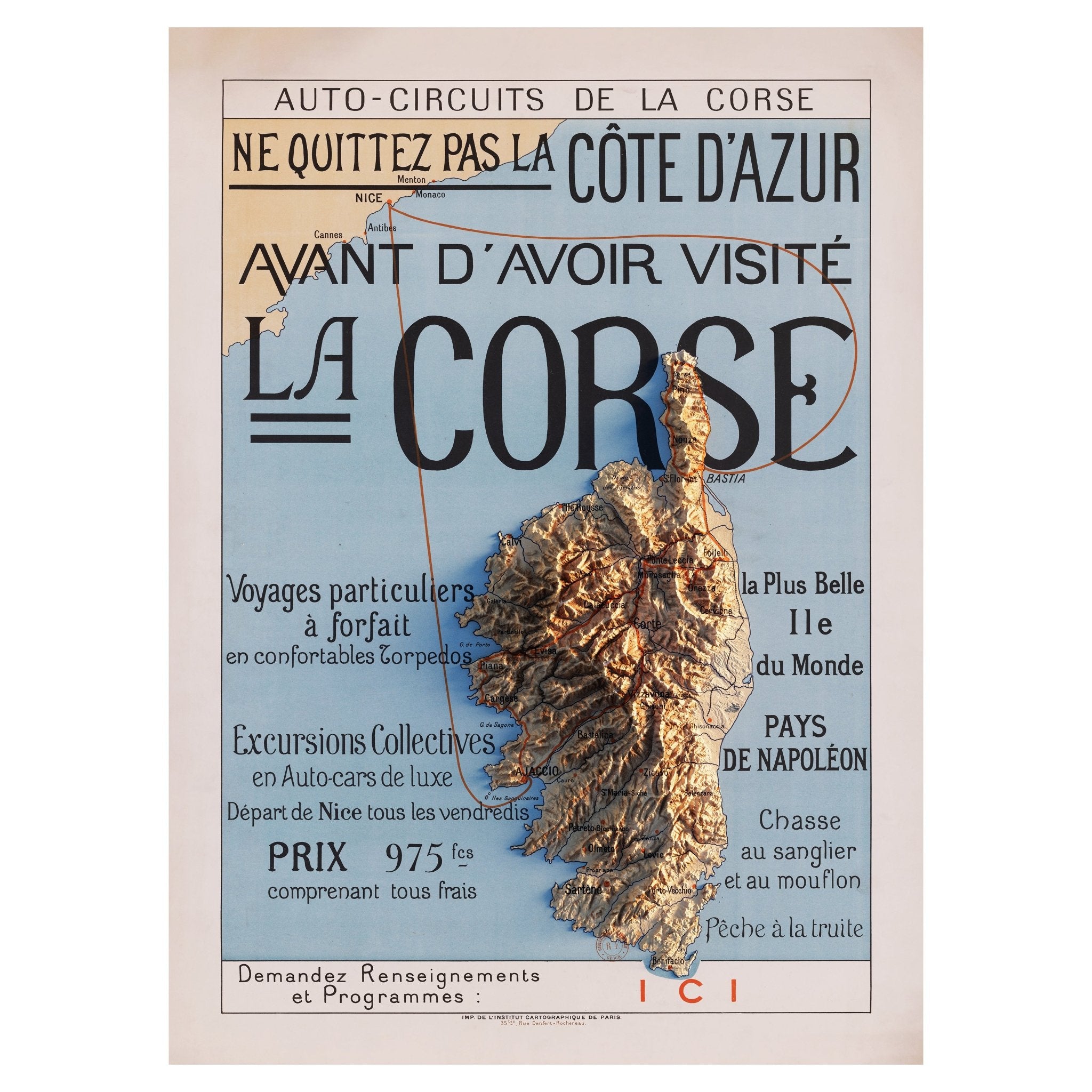 Auto - Circuits de la Corse 1922 Shaded Relief Map - Muir Way - Vintage Relief