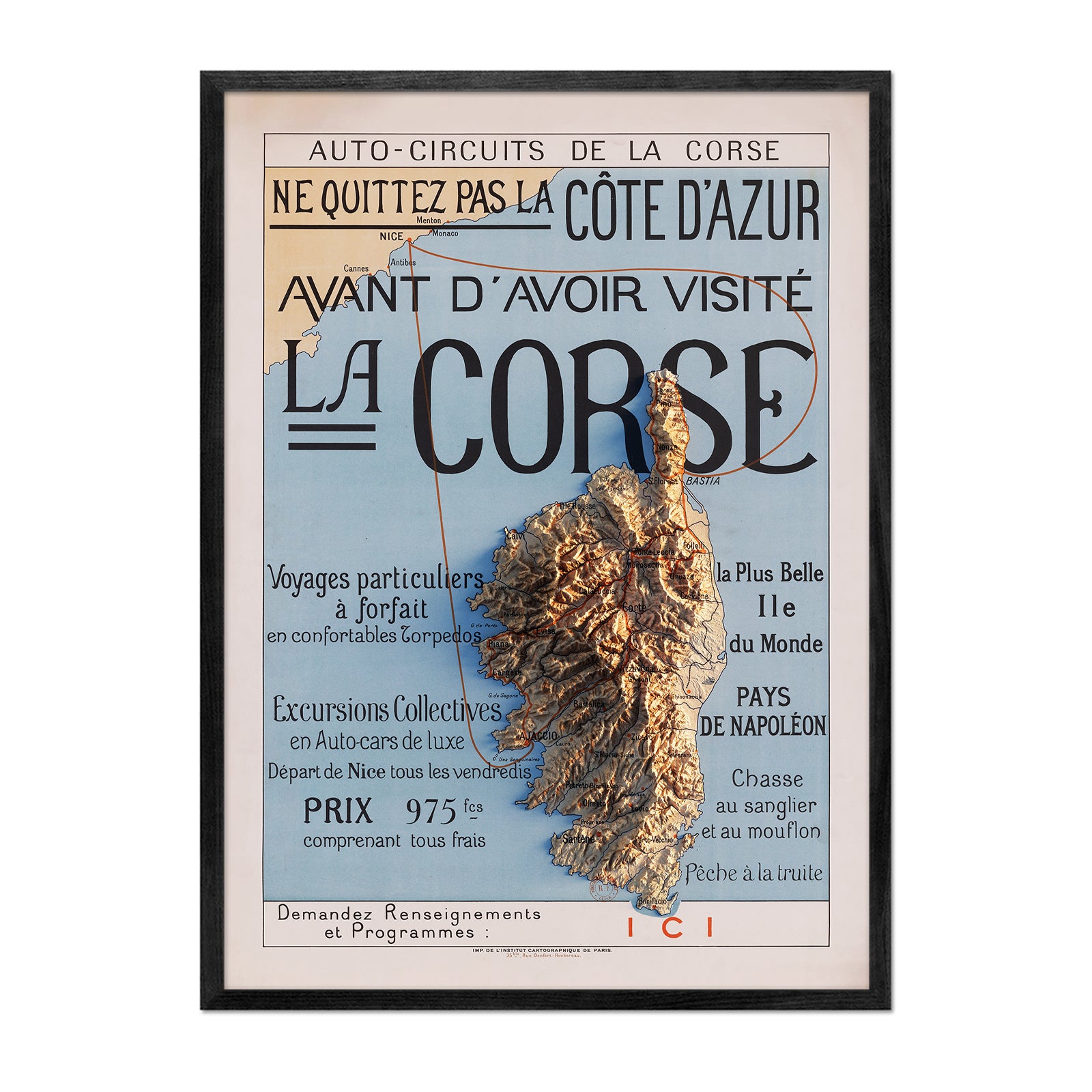 Auto - Circuits de la Corse 1922 Shaded Relief Map - Muir Way - Vintage Relief