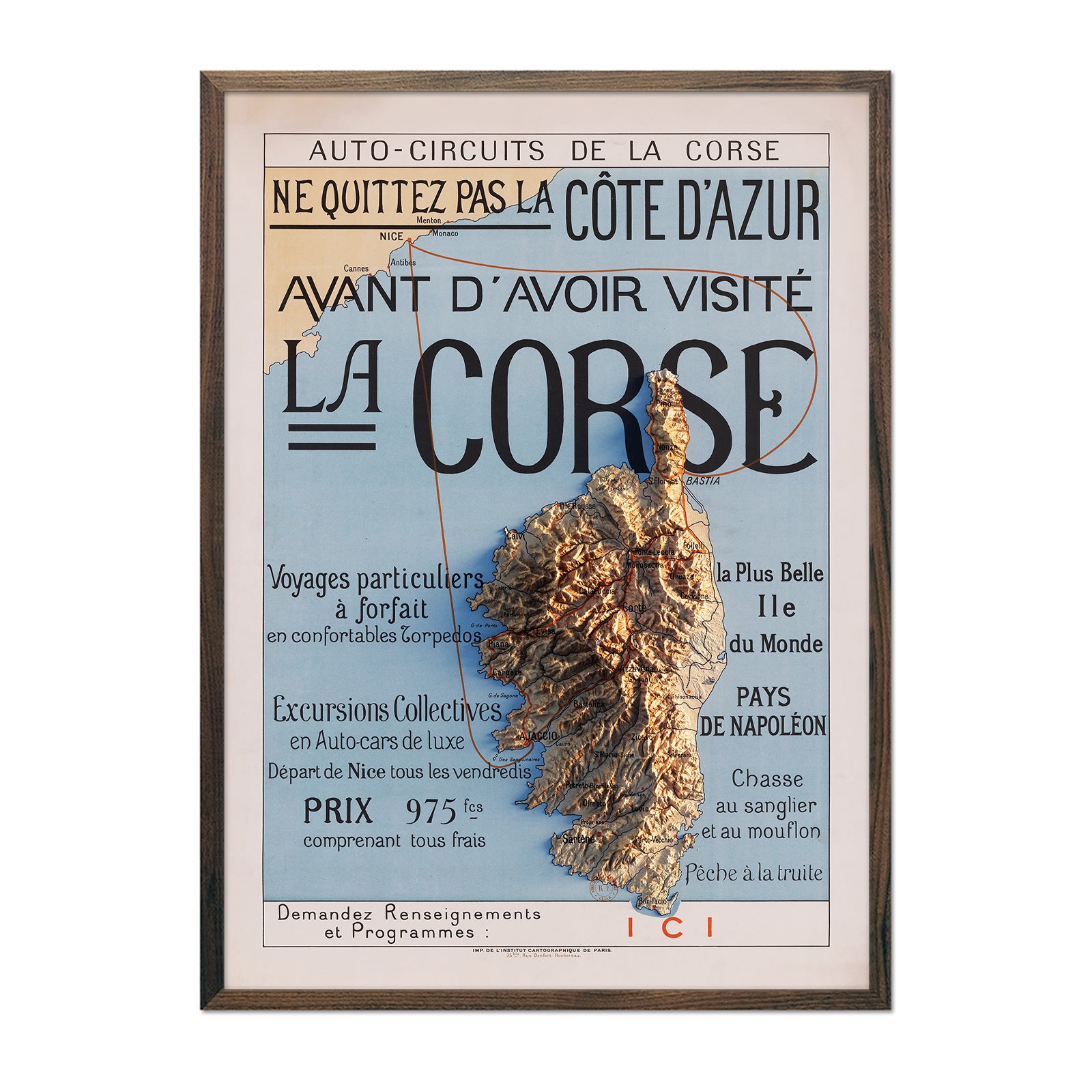 Auto - Circuits de la Corse 1922 Shaded Relief Map - Muir Way - Vintage Relief