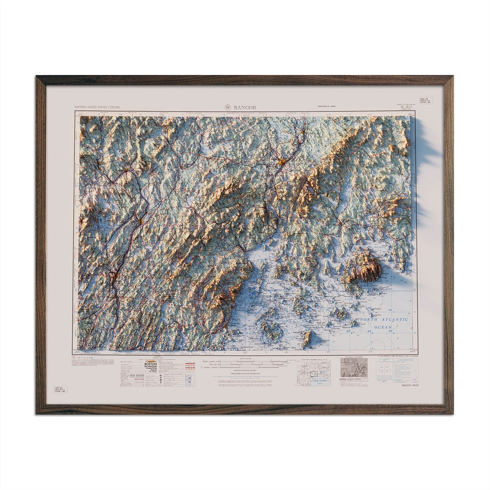 Bangor, Maine 1960 Shaded Relief Map - Muir Way - Vintage Relief