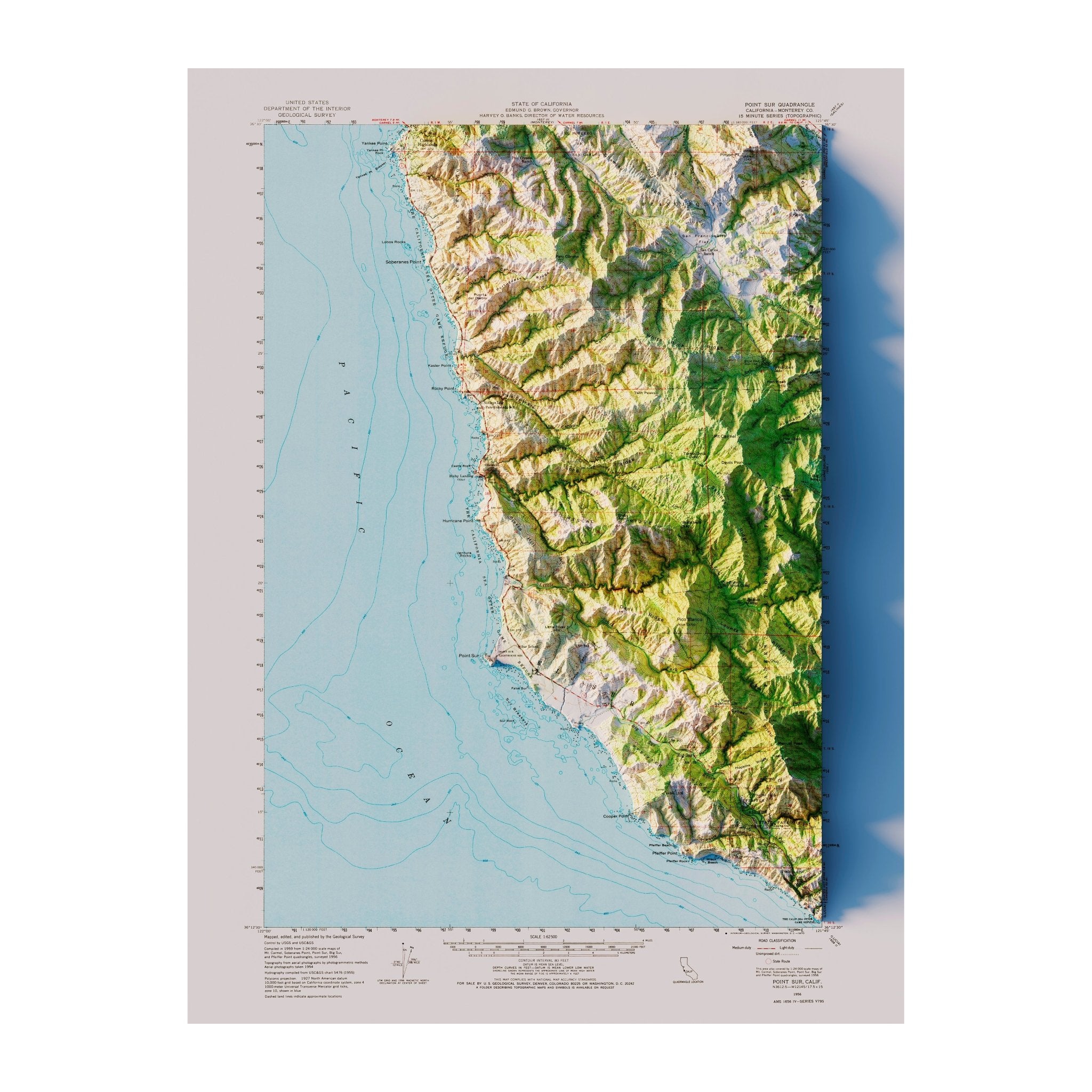 Big Sur 1956 Shaded Relief Map - Muir Way - Vintage Relief