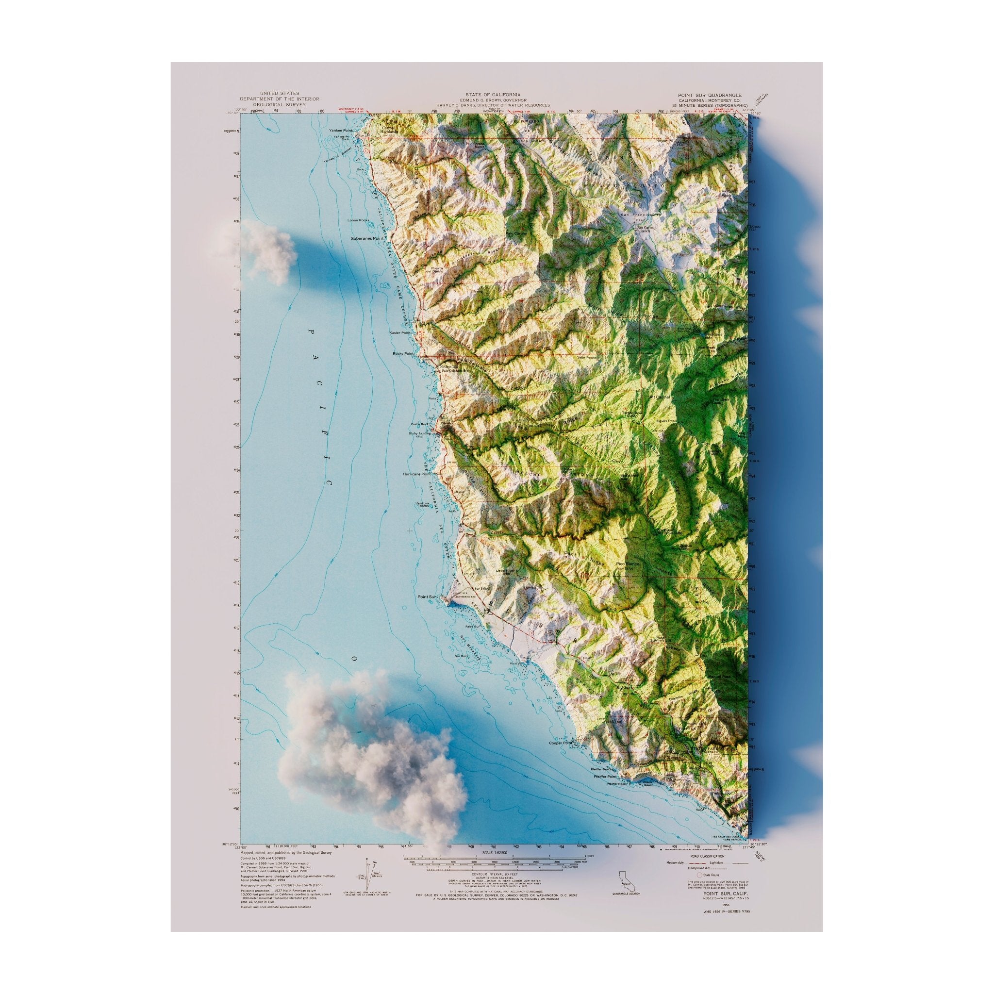 Big Sur 1956 Shaded Relief Map - Muir Way - Vintage Relief