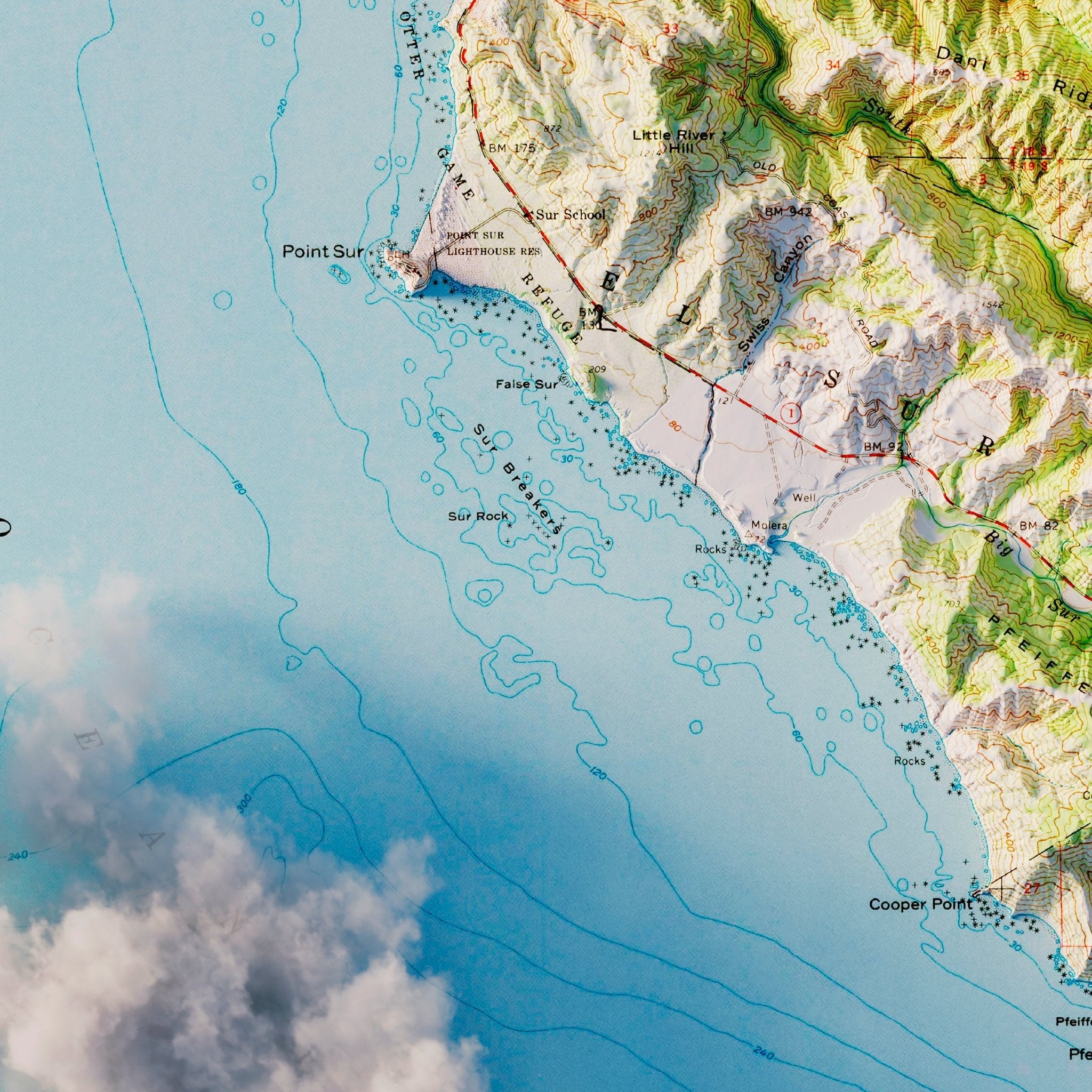 Big Sur 1956 Shaded Relief Map - Muir Way - Vintage Relief