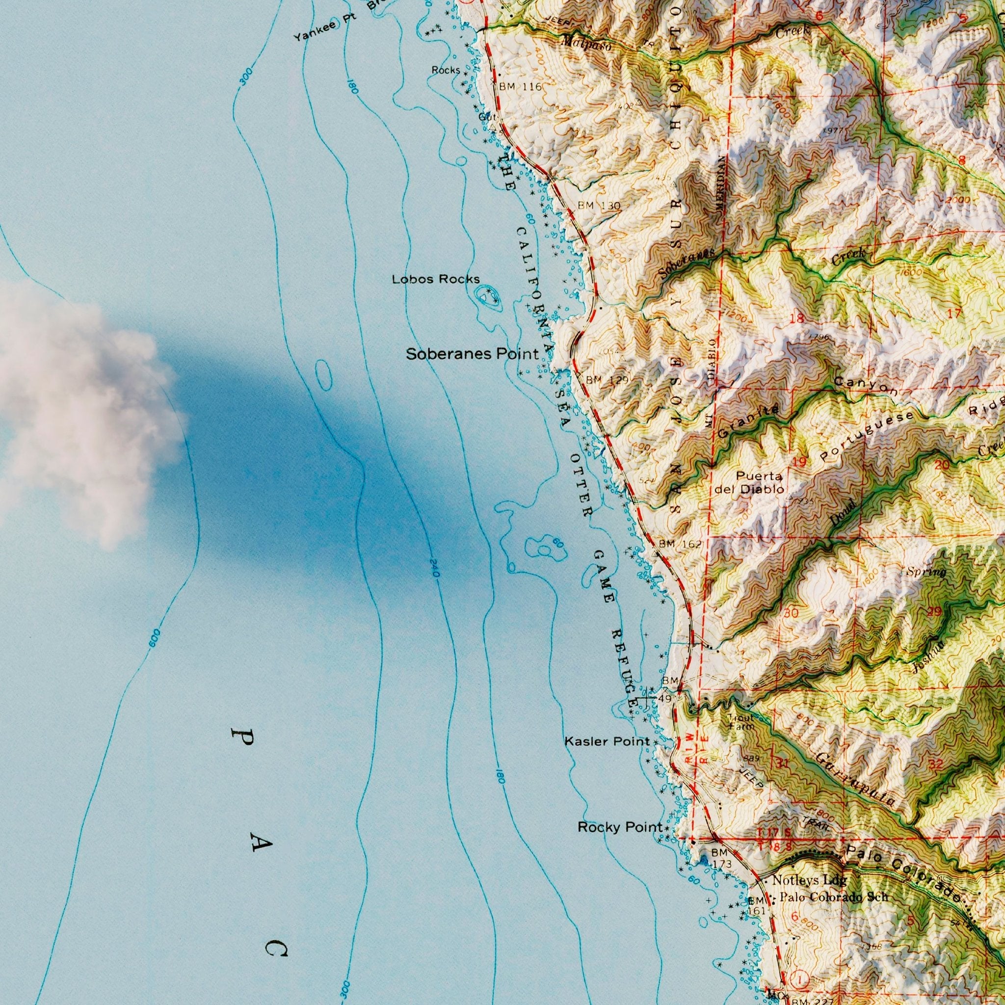 Big Sur 1956 Shaded Relief Map - Muir Way - Vintage Relief