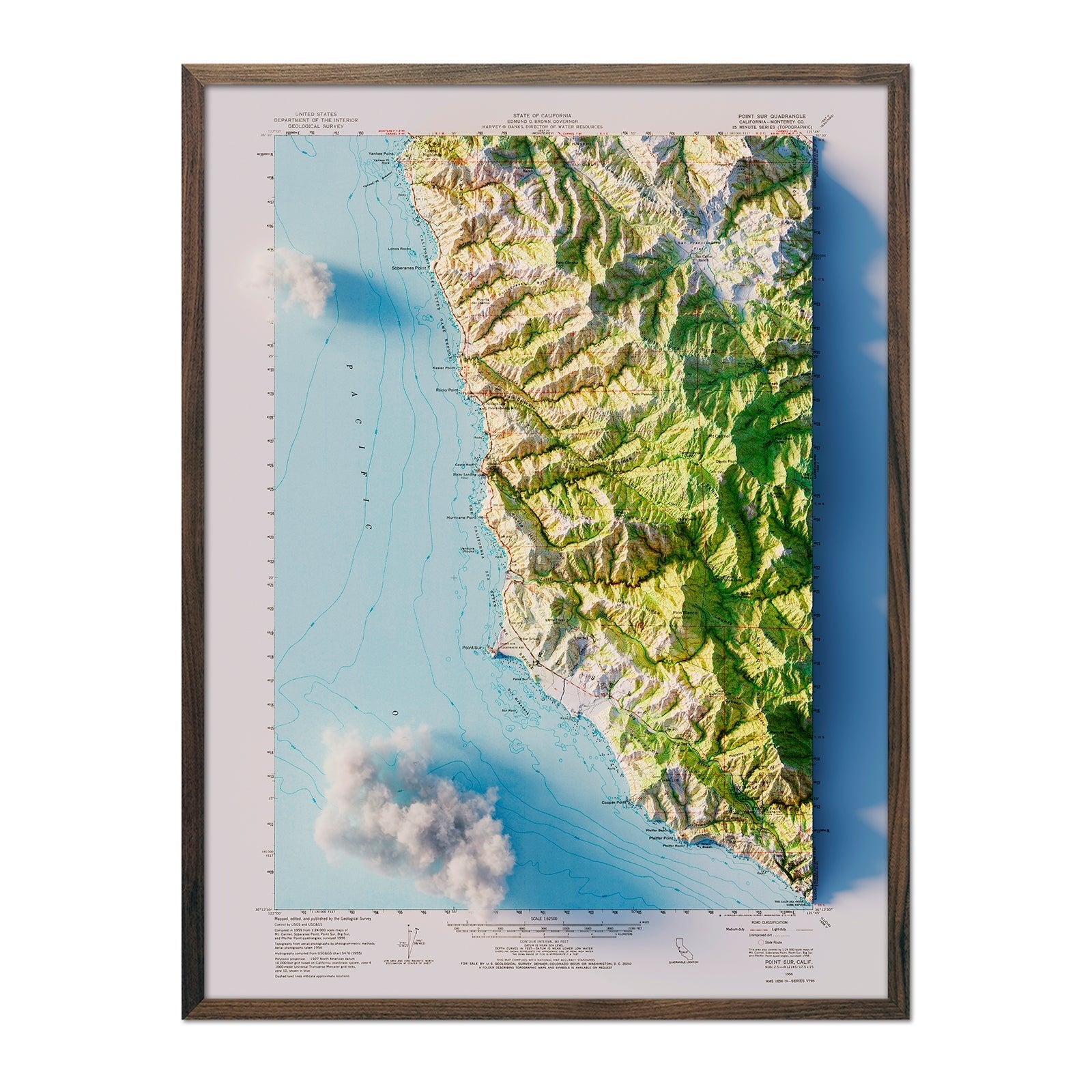Big Sur 1956 Shaded Relief Map - Muir Way - Vintage Relief