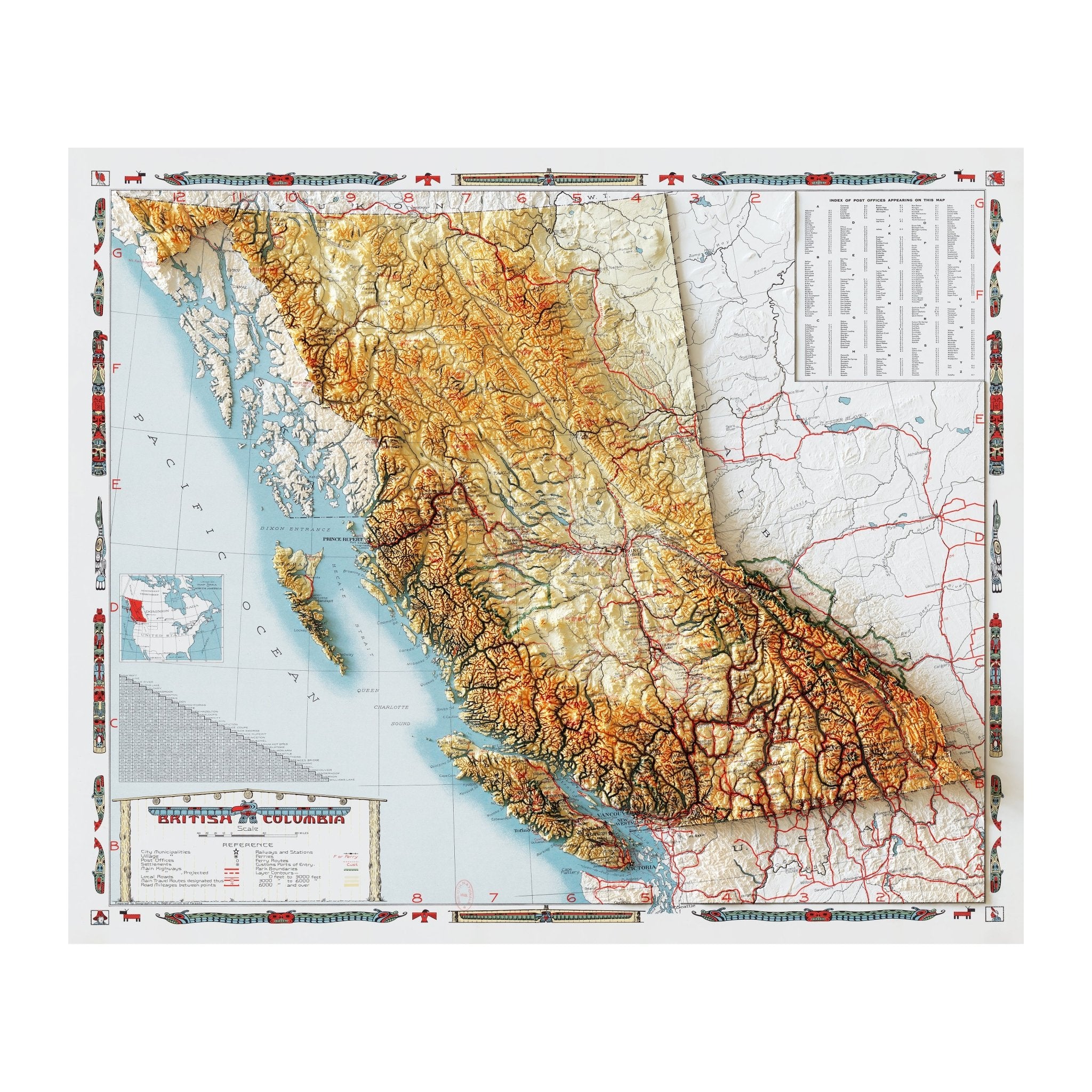 British Columbia 1948 Shaded Relief Map - Muir Way - Vintage Relief