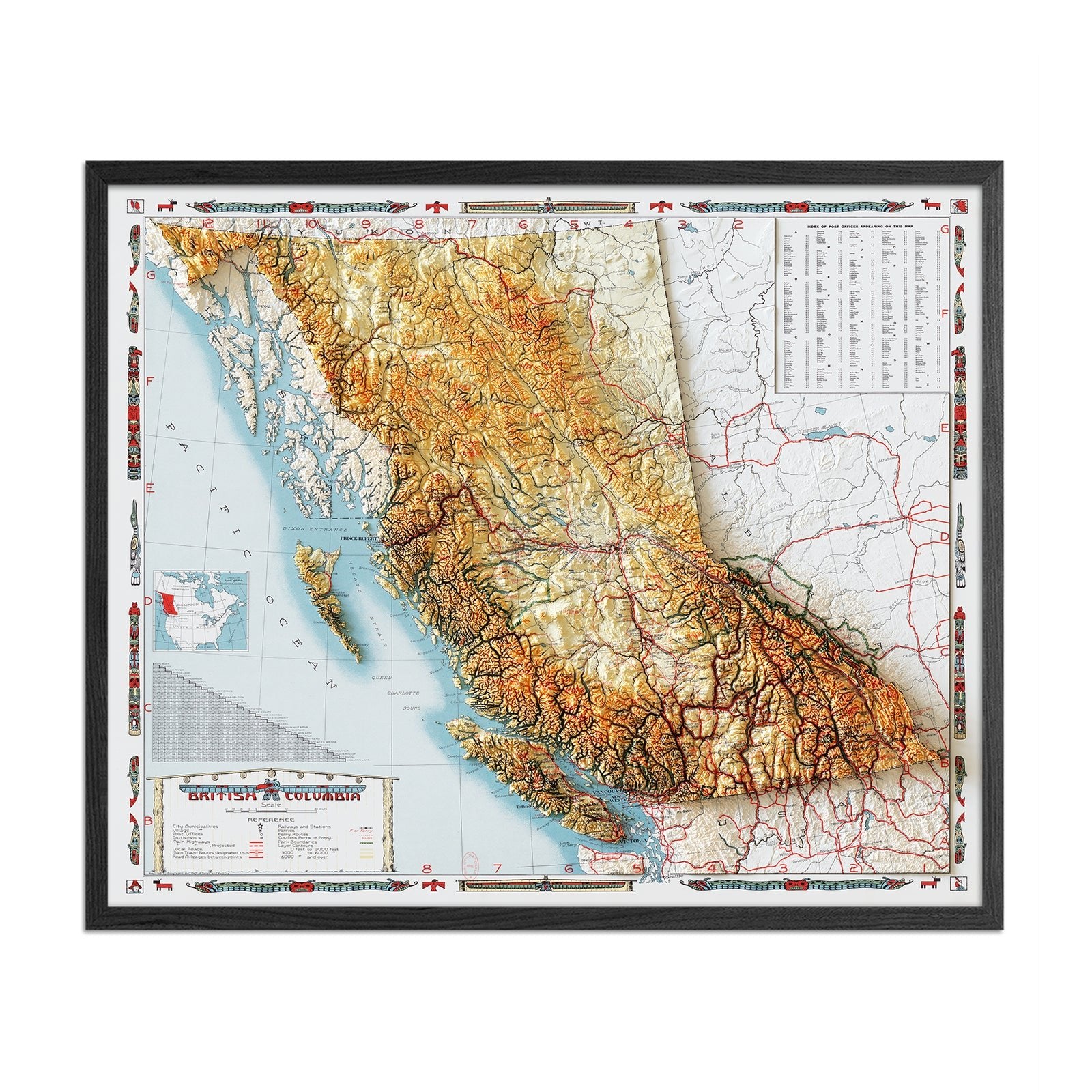 British Columbia 1948 Shaded Relief Map - Muir Way - Vintage Relief
