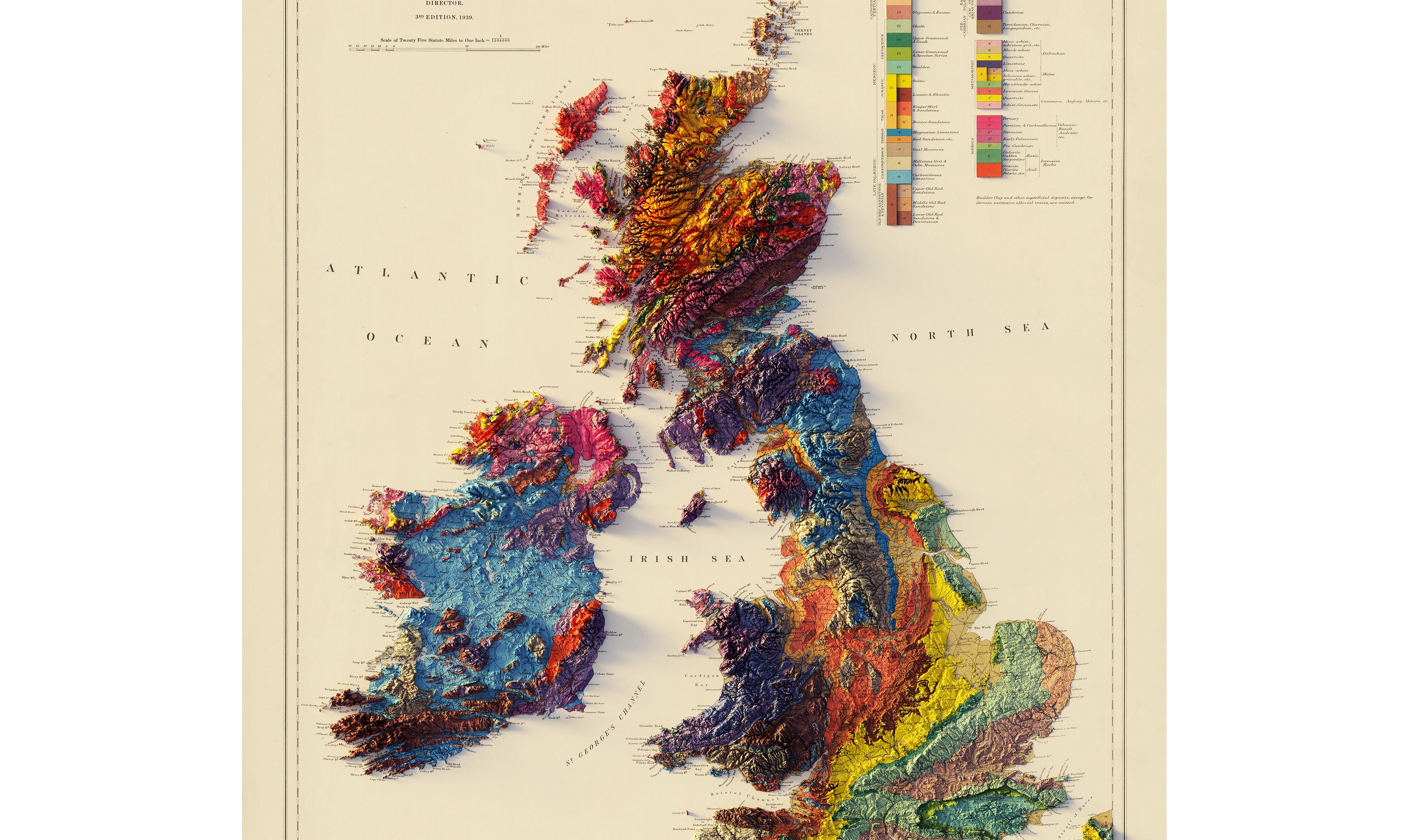 Vintage British Islands Relief Map - 1939