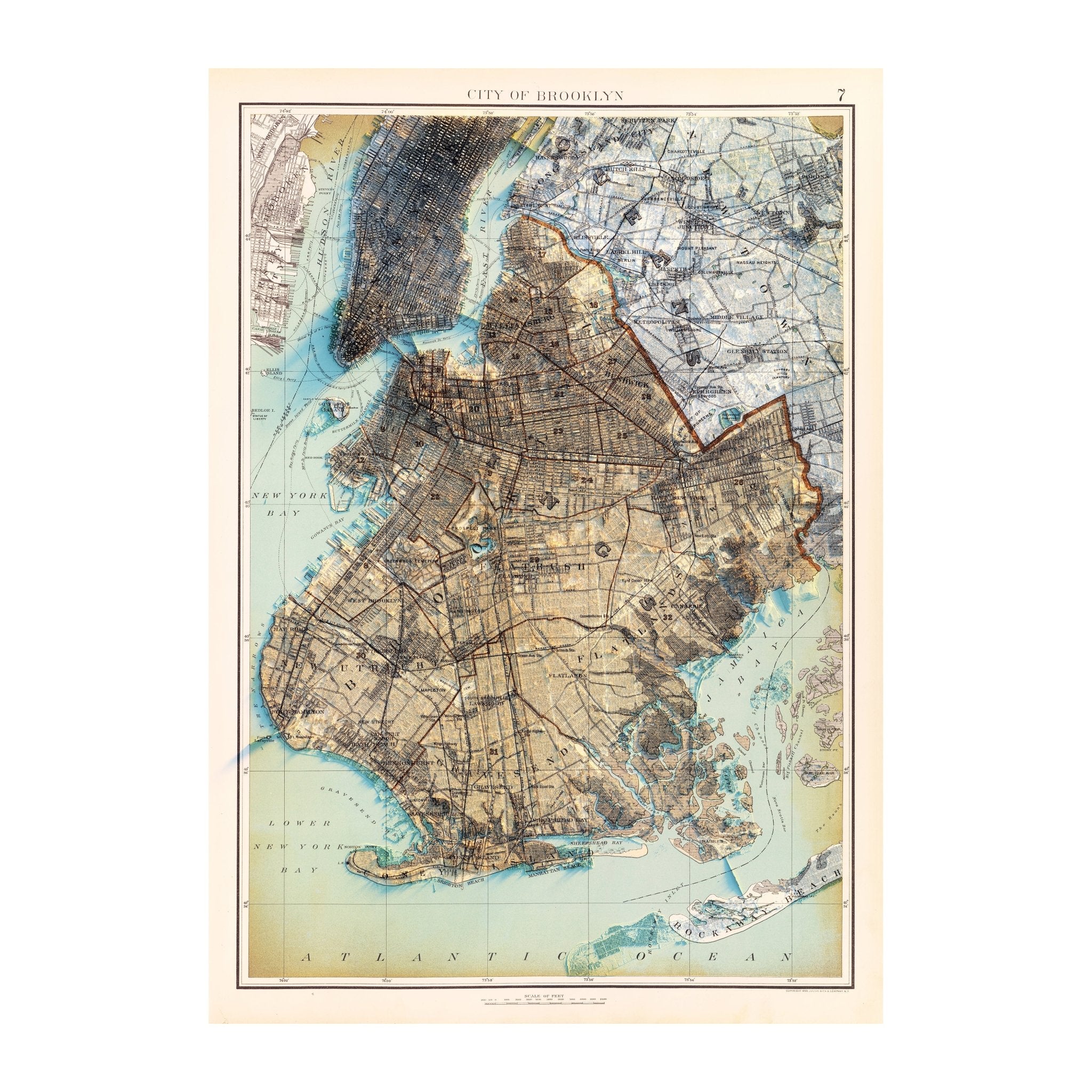 Brooklyn, NY 1895 Shaded Relief Map - Muir Way - Vintage Relief