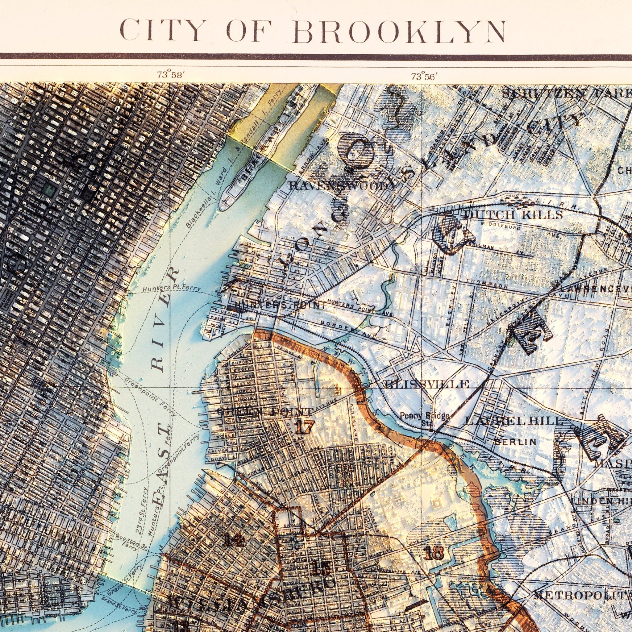 Brooklyn, NY 1895 Shaded Relief Map - Muir Way - Vintage Relief