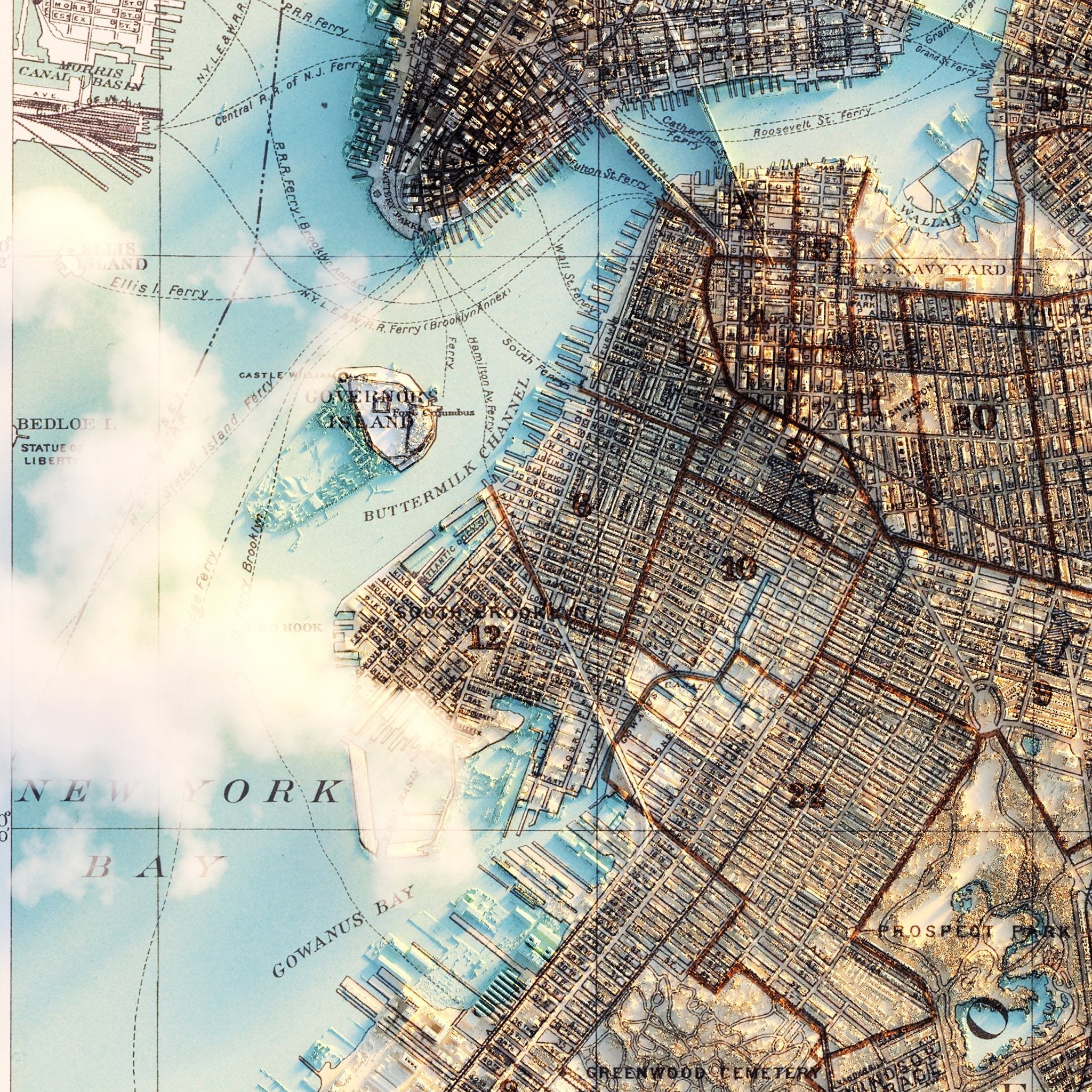 Brooklyn, NY 1895 Shaded Relief Map - Muir Way - Vintage Relief
