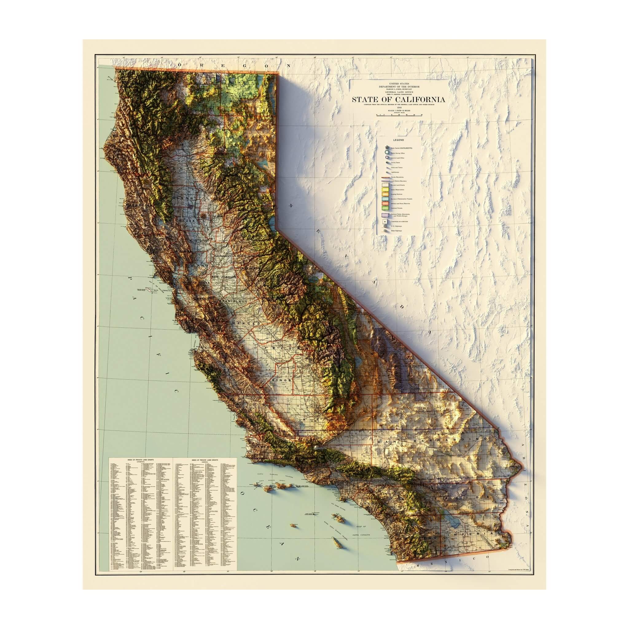 California 1944 Shaded Relief Map - Muir Way - Vintage Relief