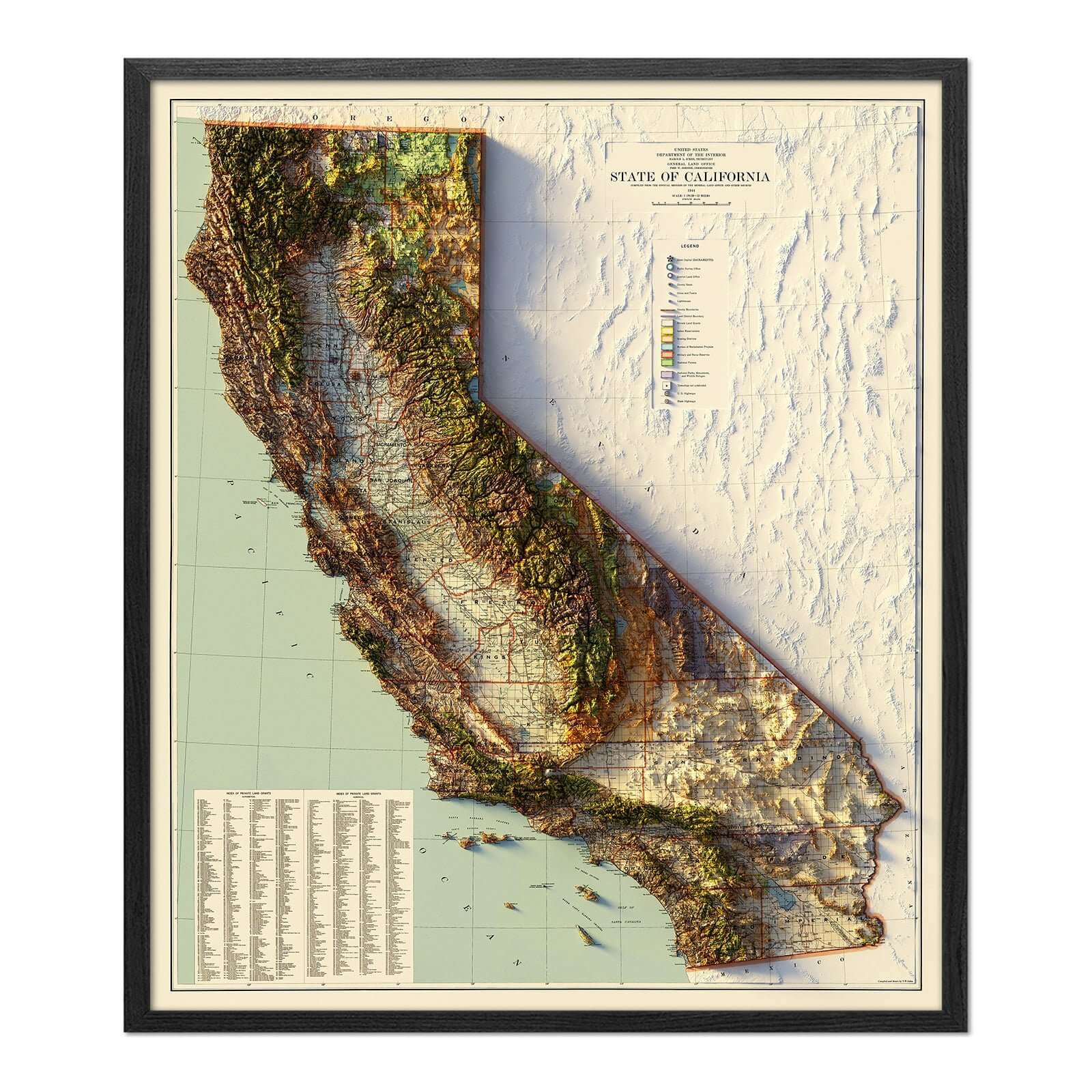 California 1944 Shaded Relief Map - Muir Way - Vintage Relief