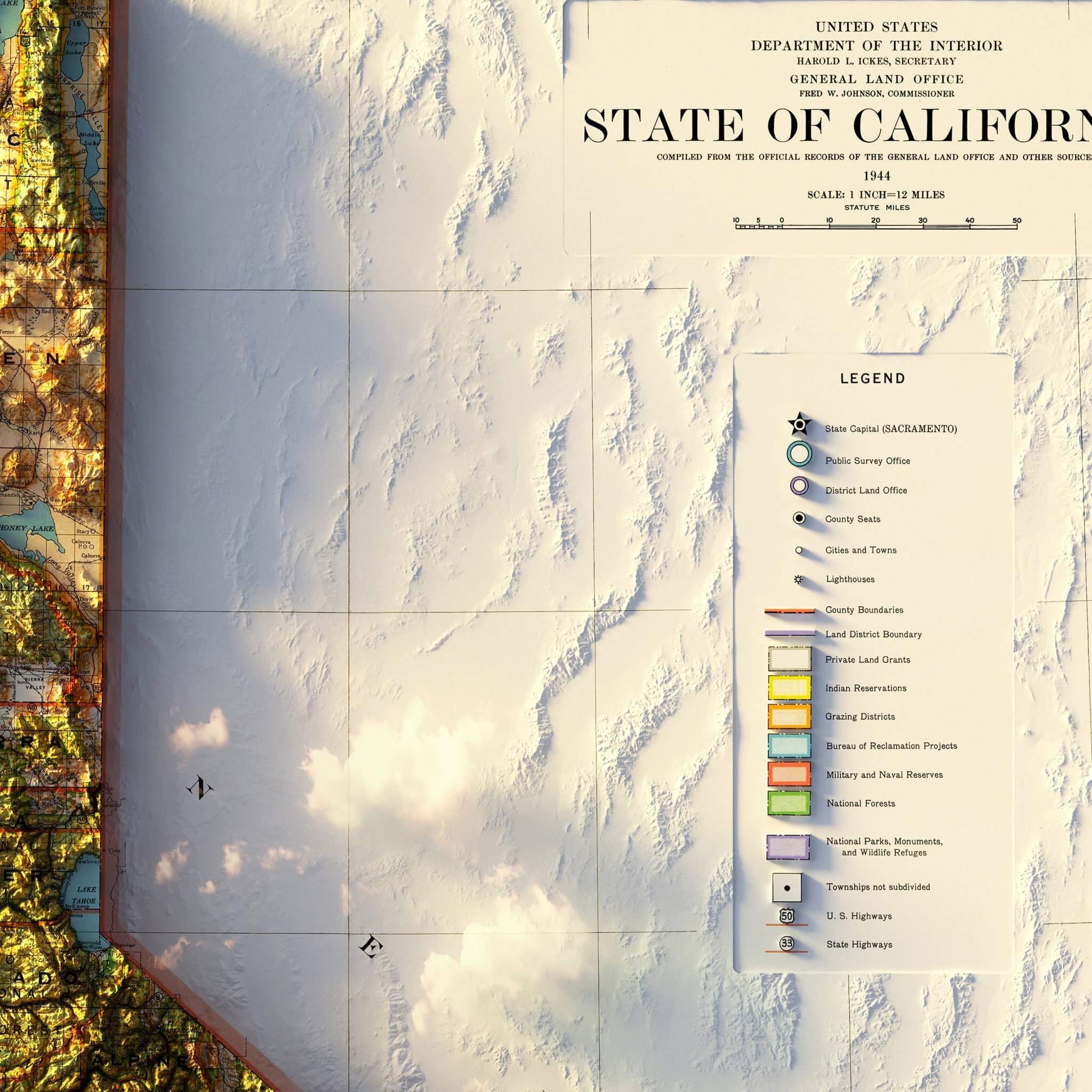 California 1944 Shaded Relief Map - Muir Way - Vintage Relief