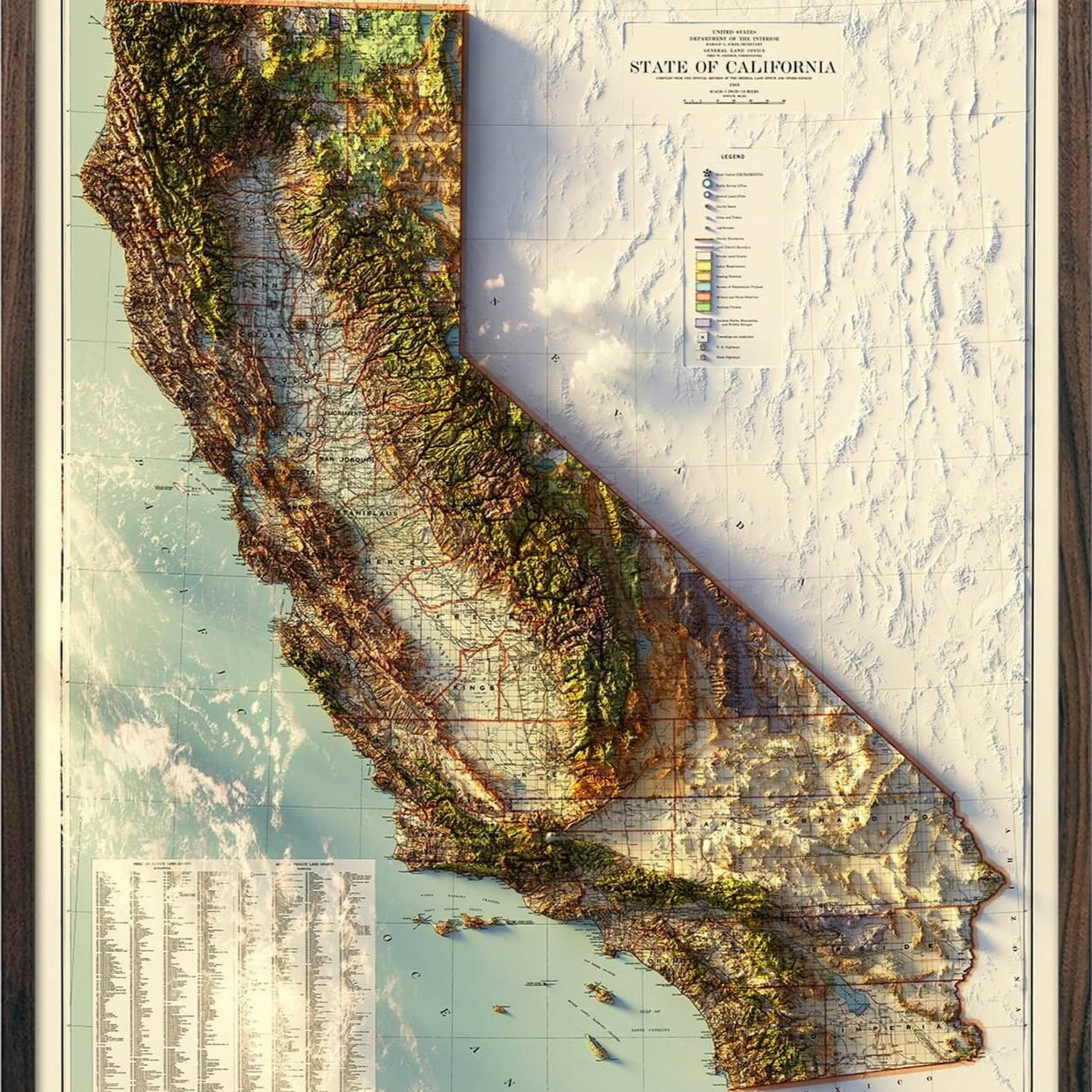 California 1944 Shaded Relief Map - Muir Way - Vintage Relief