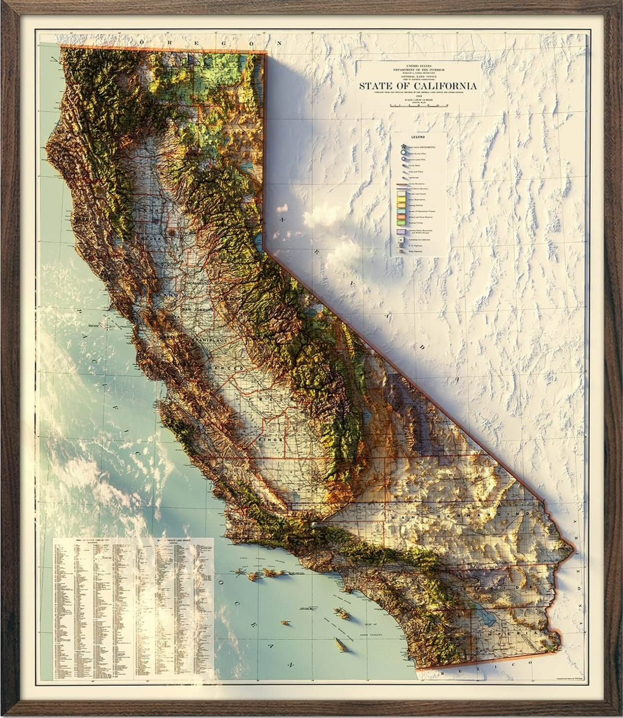 California 1944 Shaded Relief Map - Muir Way - Vintage Relief