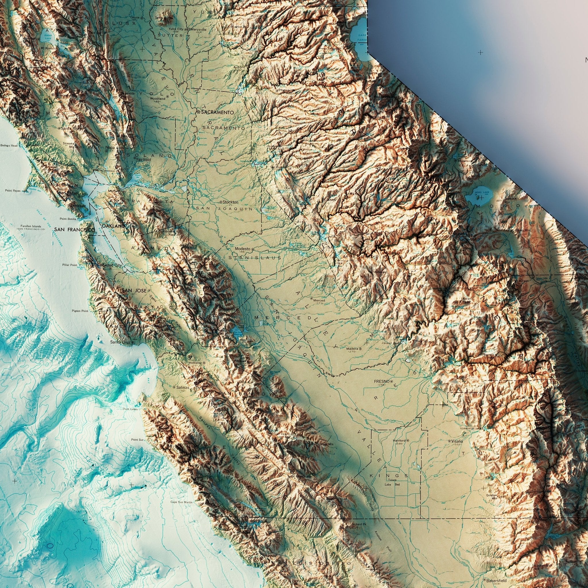 California 1971 Shaded Relief Map - Muir Way - Vintage Relief