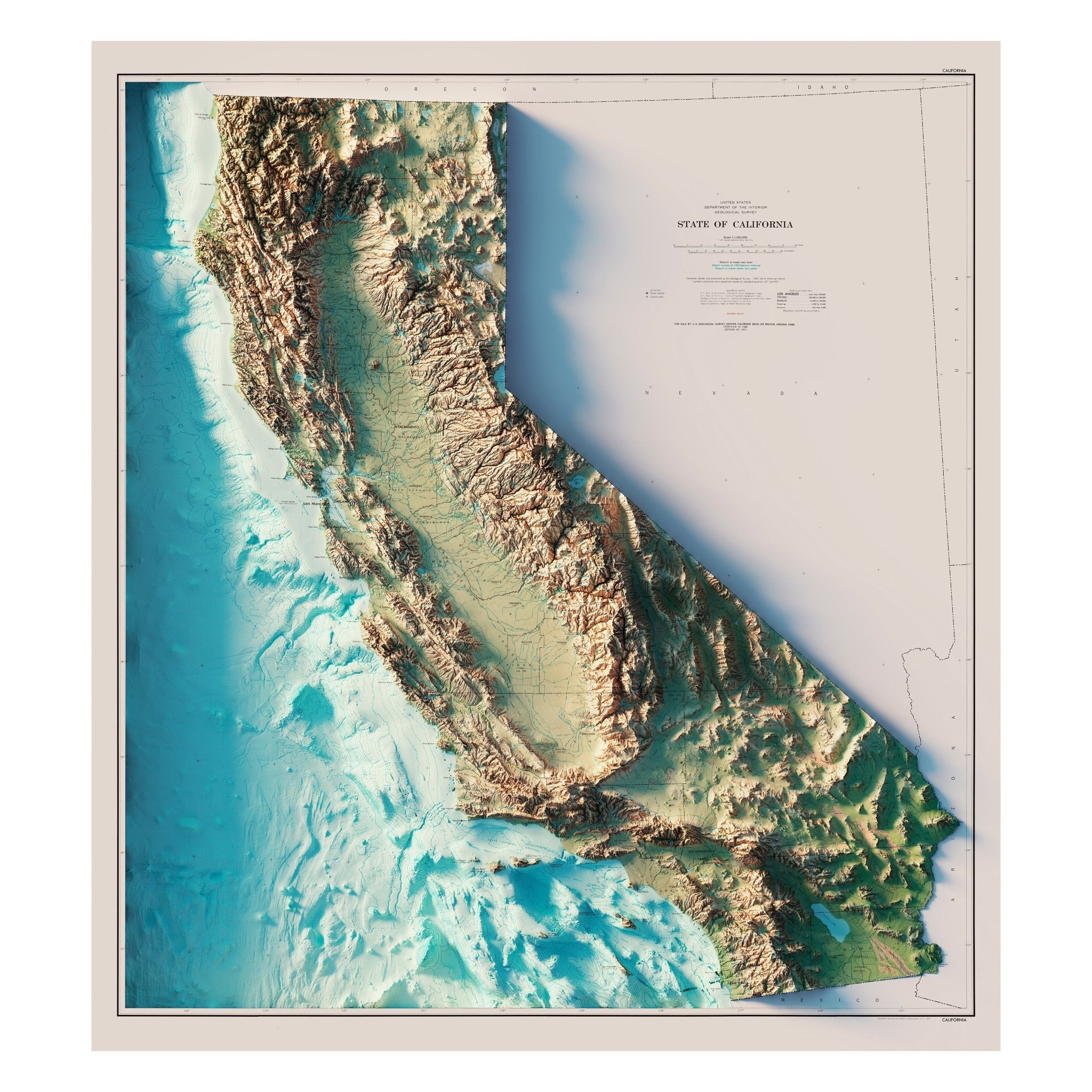 California 1971 Shaded Relief Map - Muir Way - Vintage Relief