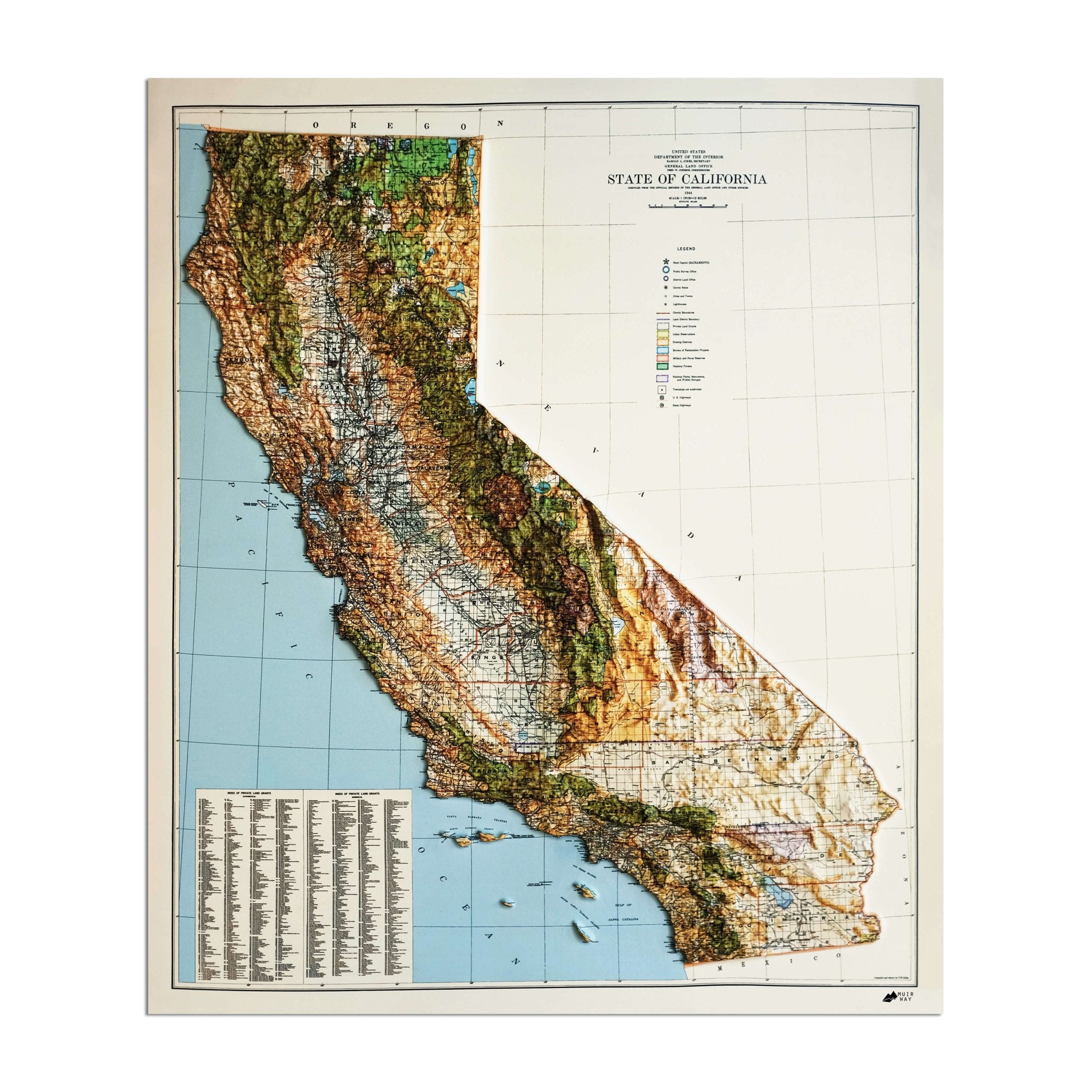 California 1944 3D Raised Relief Map - Muir Way - 3D