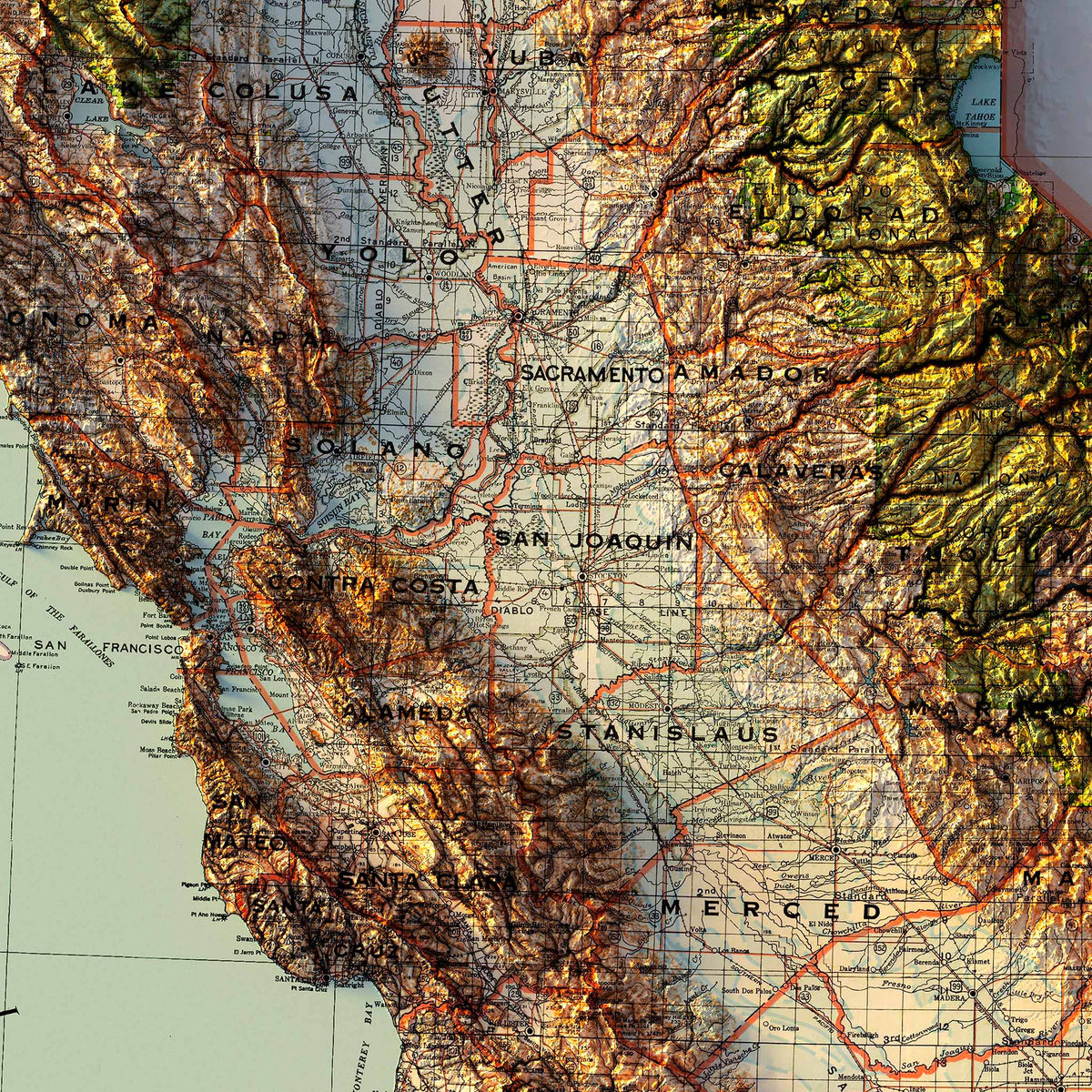 California 1944 Shaded Relief Map – XL Canvas - Muir Way - XL Canvas