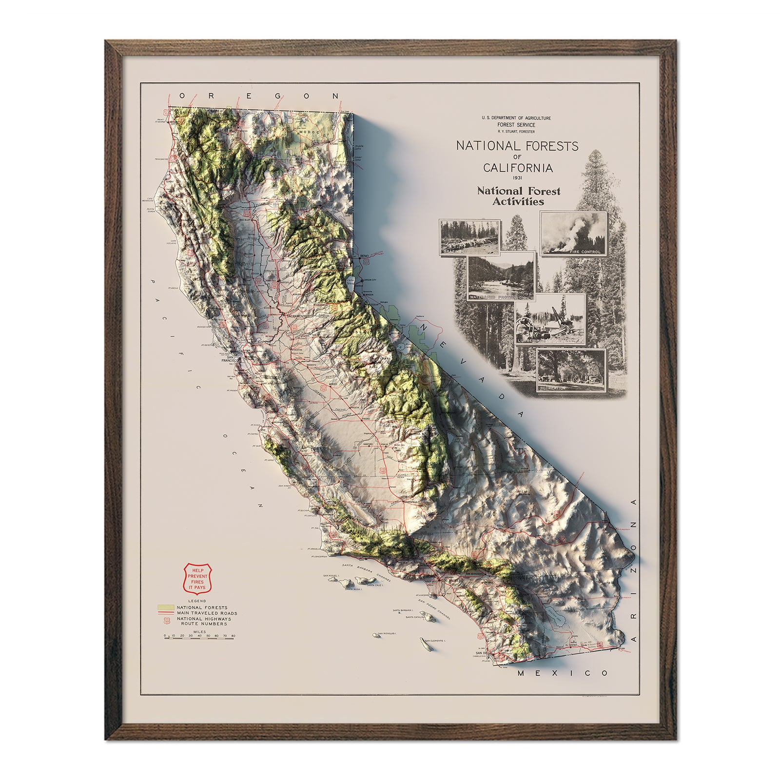 California 1931 National Forests Shaded Relief Map - Muir Way - Vintage Relief